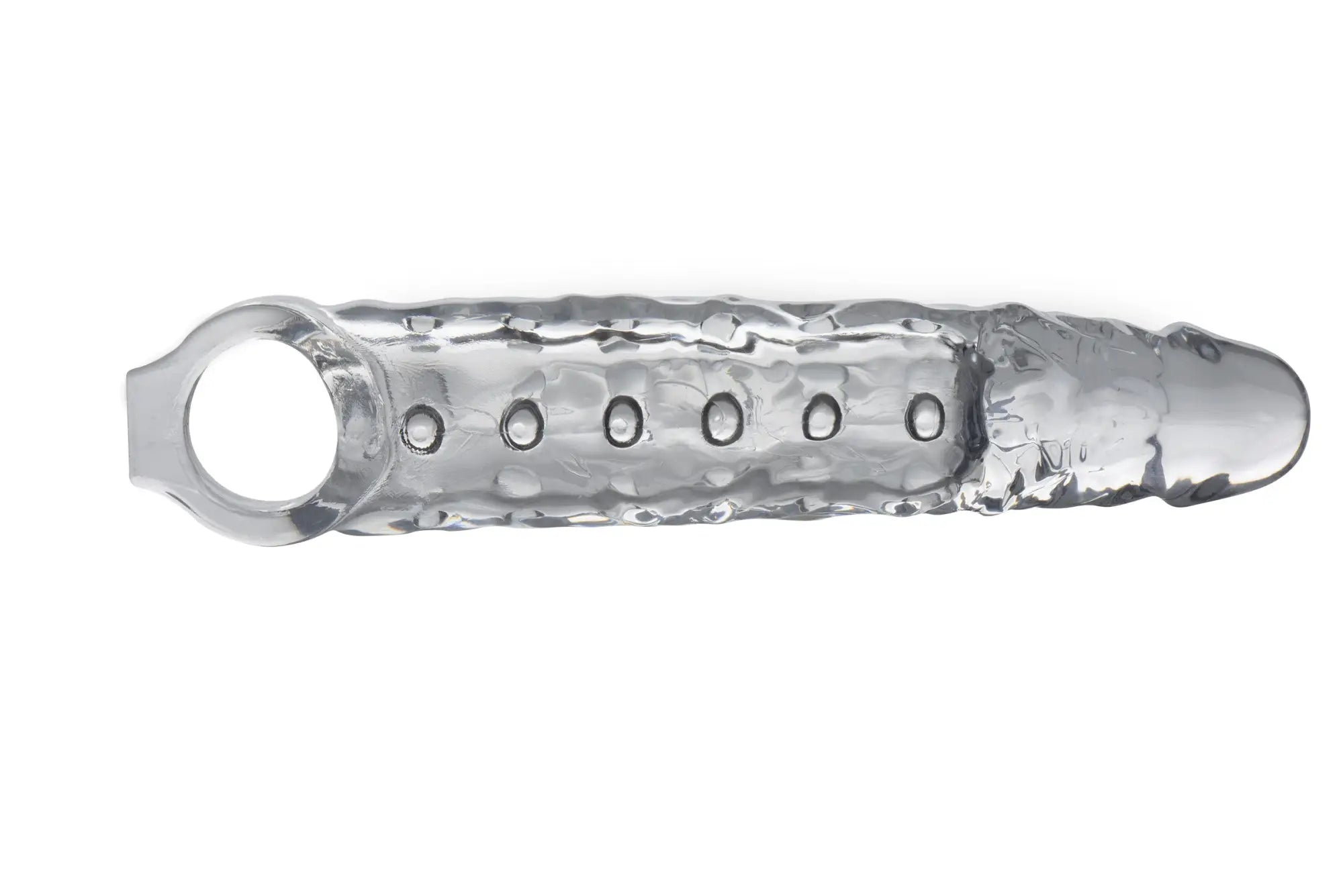 Silver textured metallic dildo cover with circular ring and five oval holes in size matters 3in extender sleeve clear