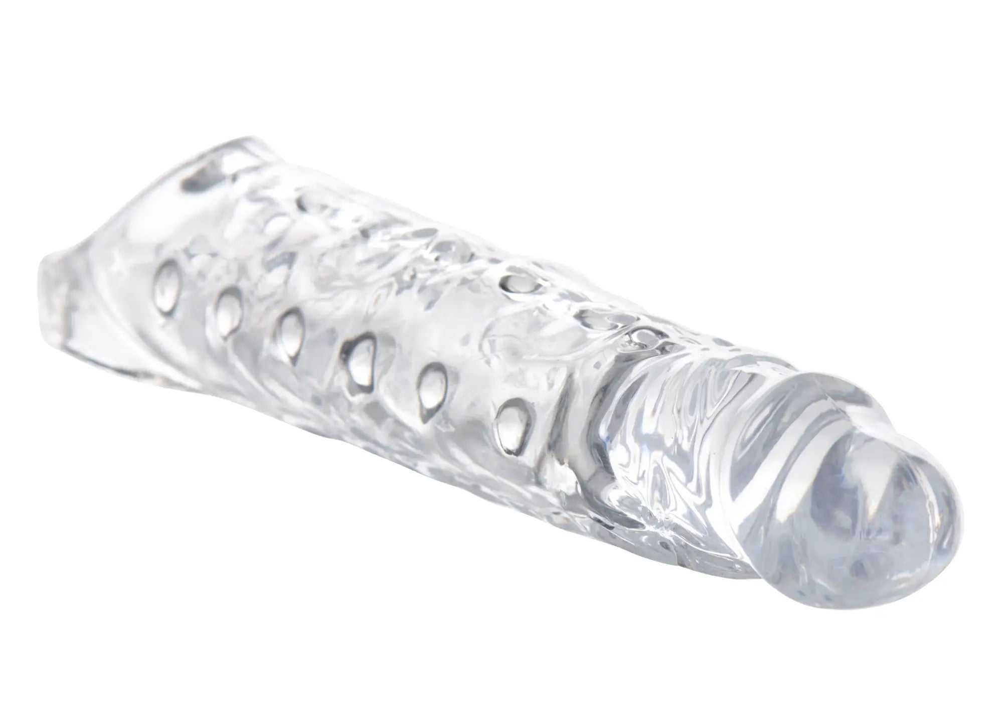 Size matters 3in extender sleeve clear is a transparent silicone cock ring with textured surface and circular cutouts