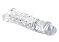 Size matters 3in extender sleeve clear is a transparent silicone cock ring with textured surface and circular cutouts