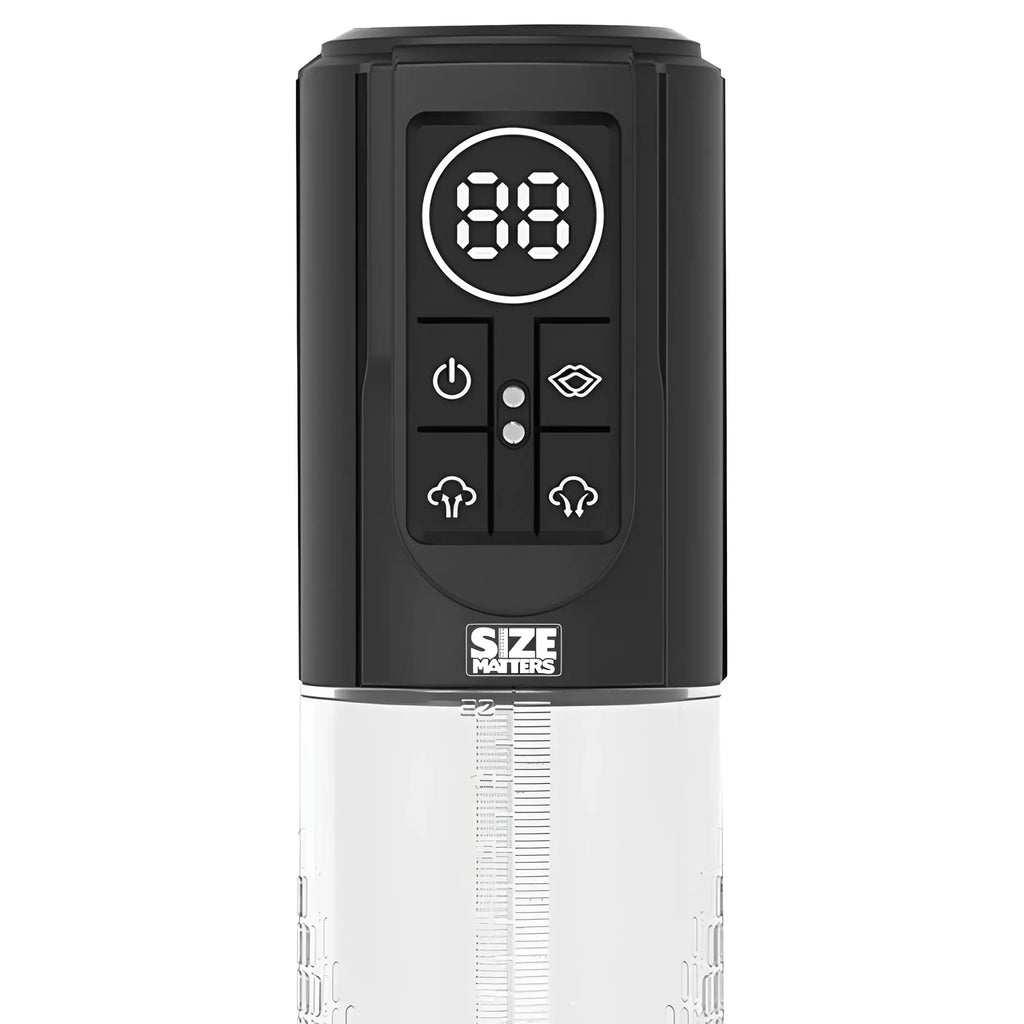 Black digital control panel with illuminated buttons above clear measuring reservoir on size matters automatic lcd usb penis pump