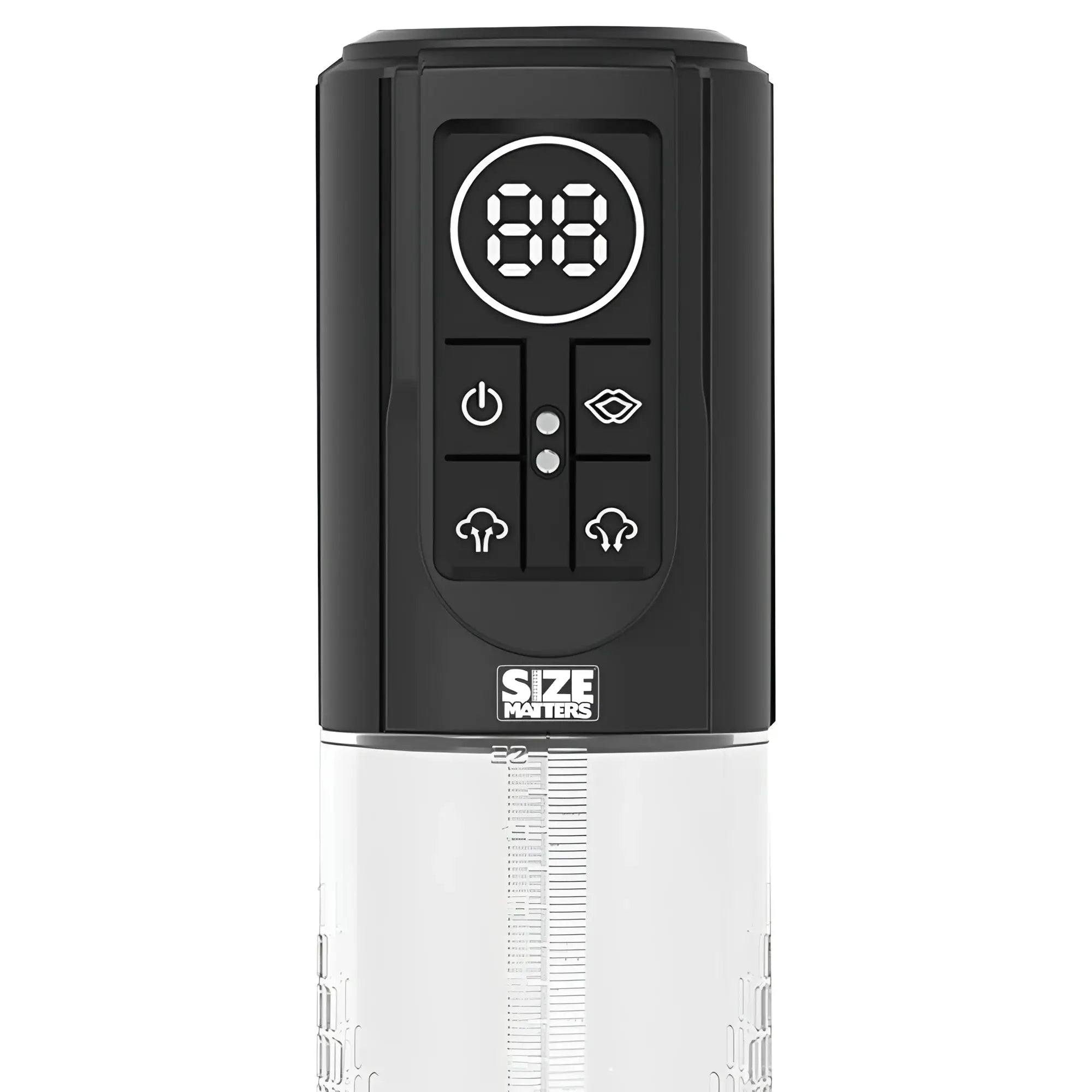 Black digital control panel with illuminated buttons above clear measuring reservoir on size matters automatic lcd usb penis pump