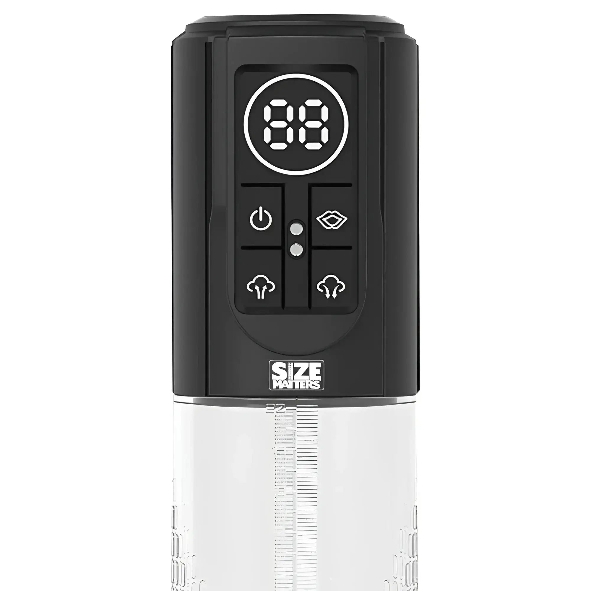 Black digital control panel with illuminated buttons above clear measuring reservoir on size matters automatic lcd usb