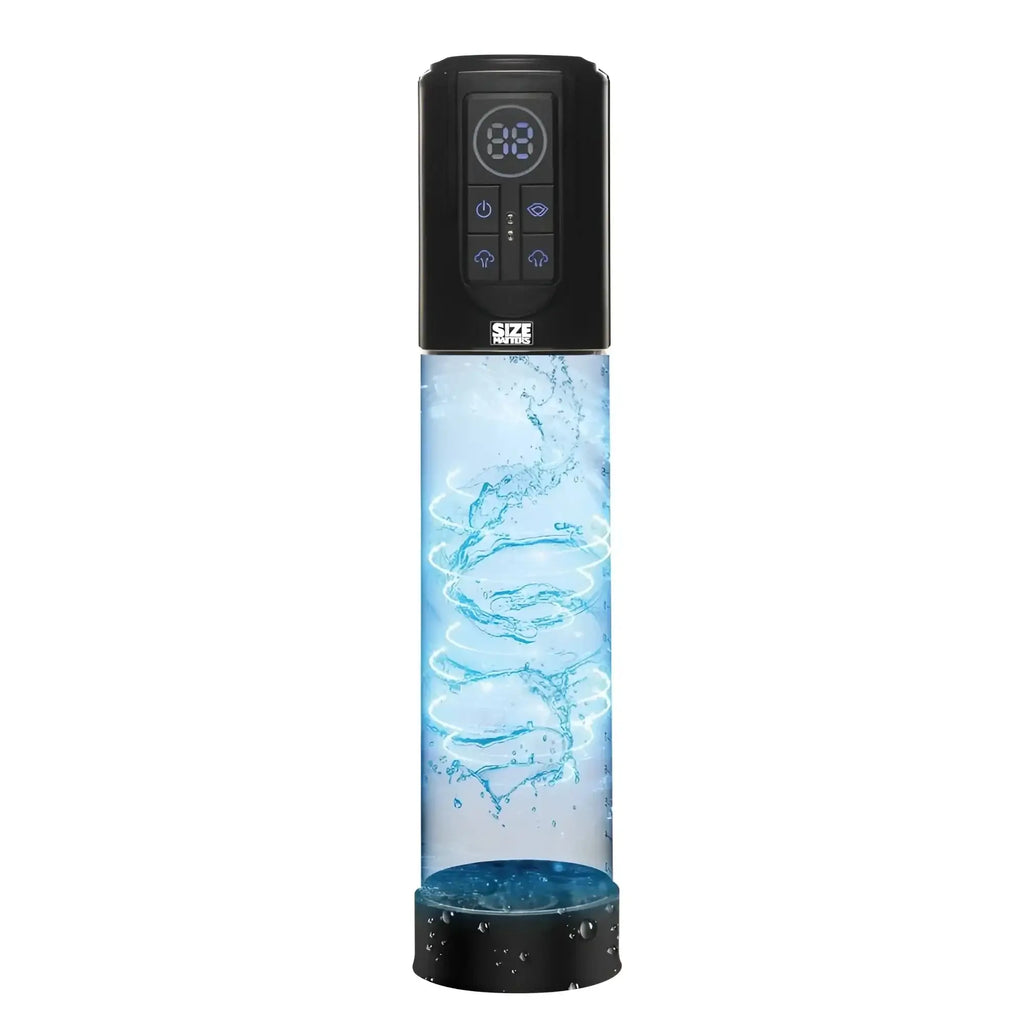 Black digital-controlled Size Matters automatic LCD USB penis pump with transparent cylindrical body and swirling blue liquid