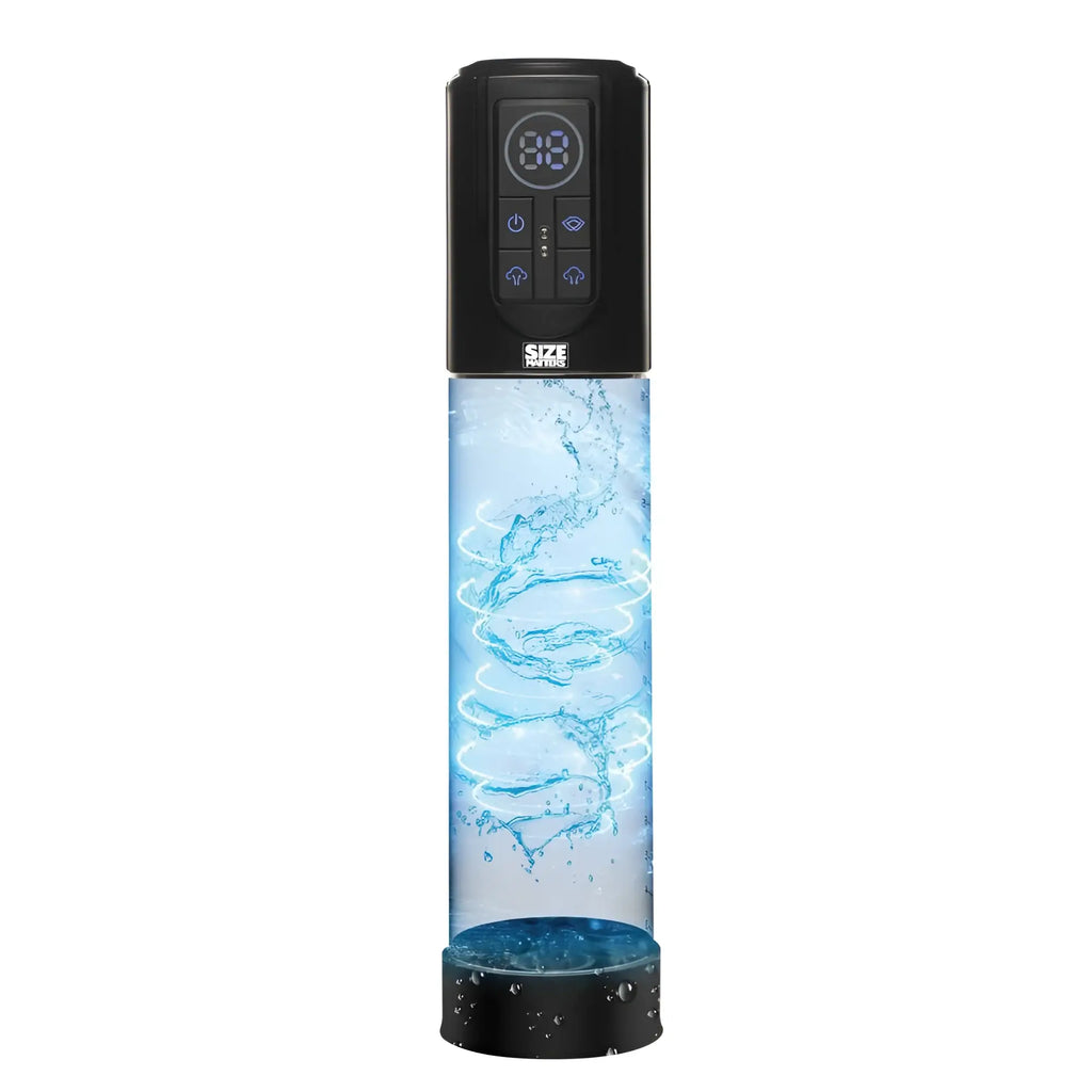 Black digital-controlled Size Matters automatic LCD USB penis pump with transparent cylindrical body and swirling blue liquid