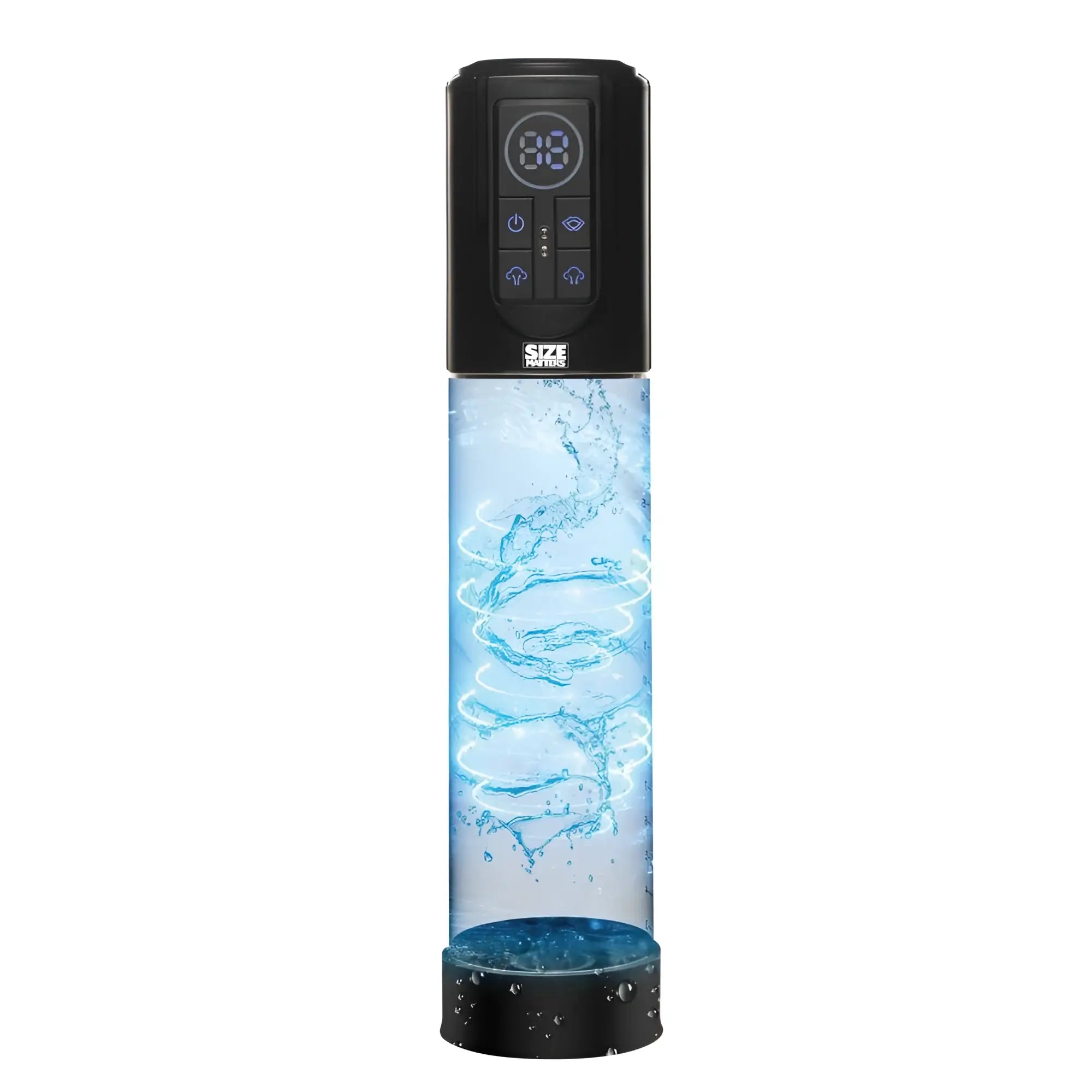 Black digital-controlled Size Matters automatic LCD USB penis pump with transparent cylindrical body and swirling blue liquid