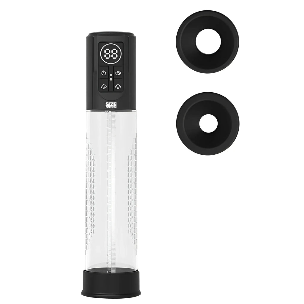 Black and transparent automatic lcd usb penis pump with digital display and control buttons branded size matters