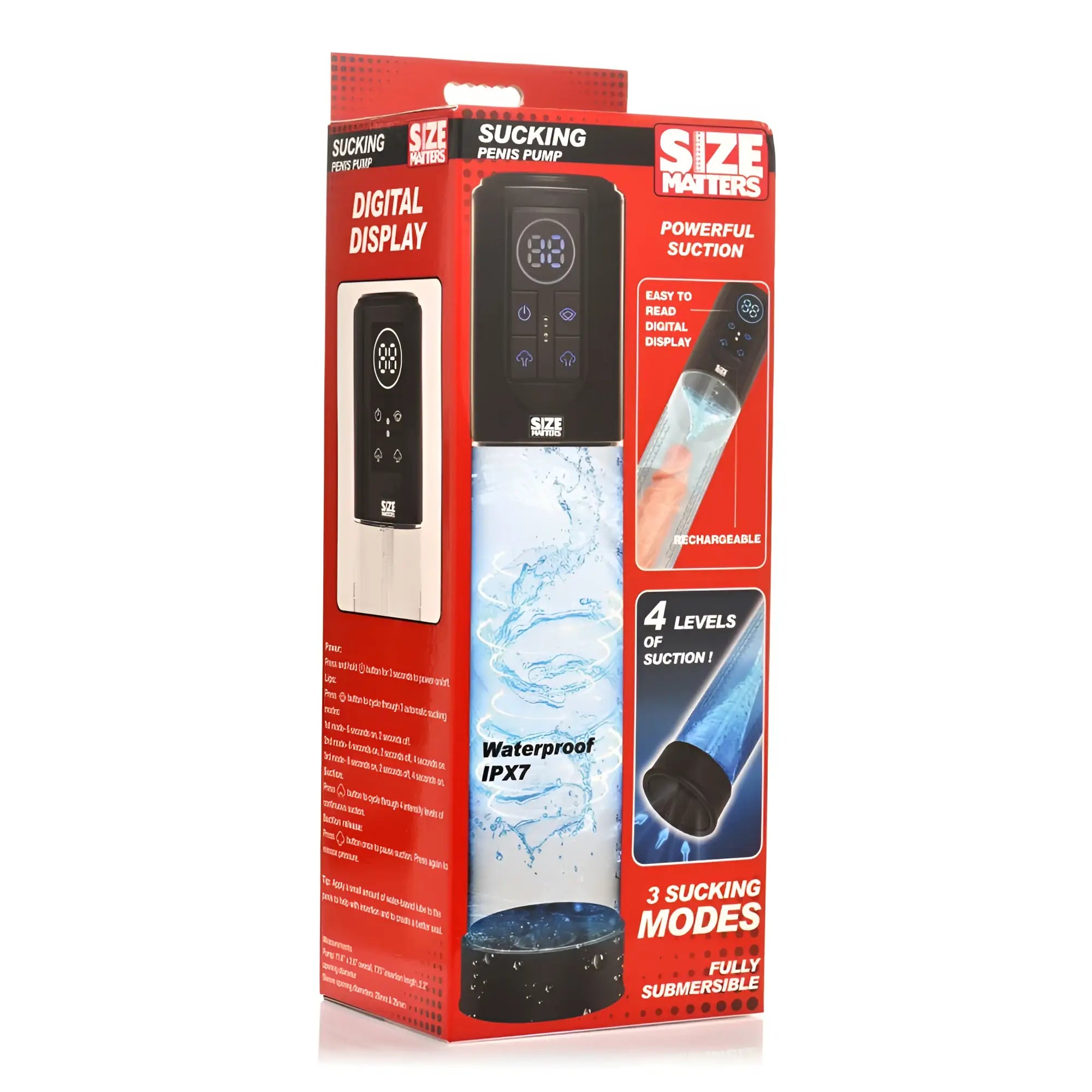 Black and transparent size matters automatic LCD USB penis pump with waterproof IPX7 rating and 4 suction levels
