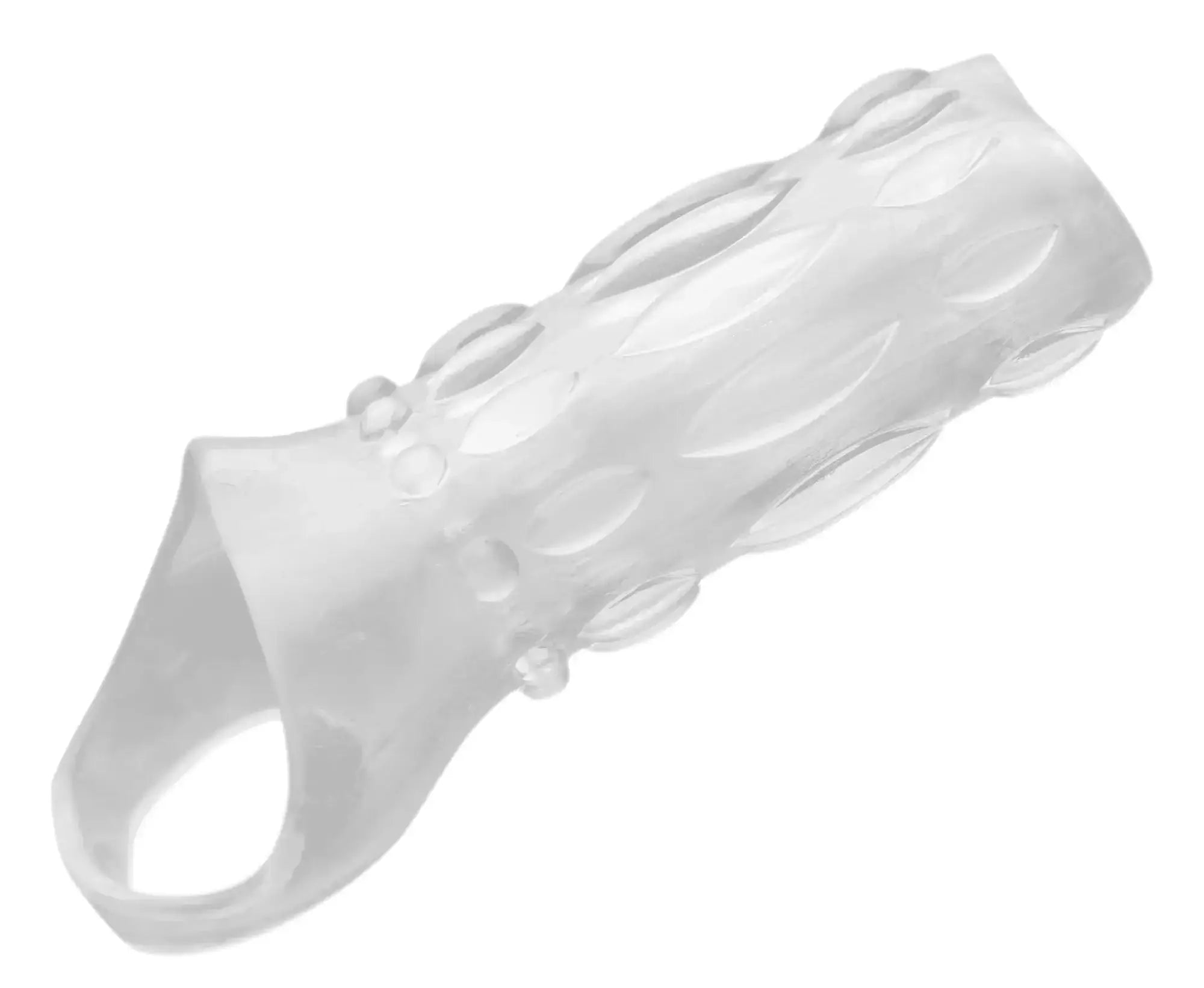 Size matters clear sensations enhancer sex sleeve clear silicone grip cover with textured oval indentations and raised dots