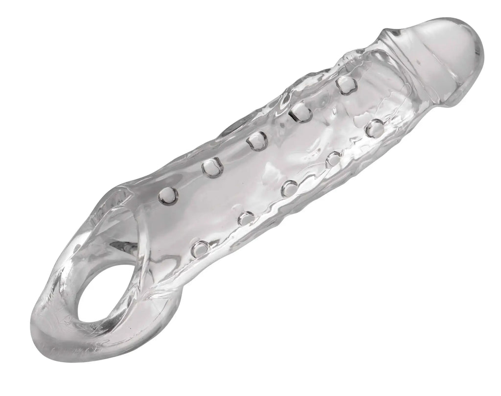 Clear silicone cock ring with textured surface and multiple circular indentations for size matters clearly ample sheath