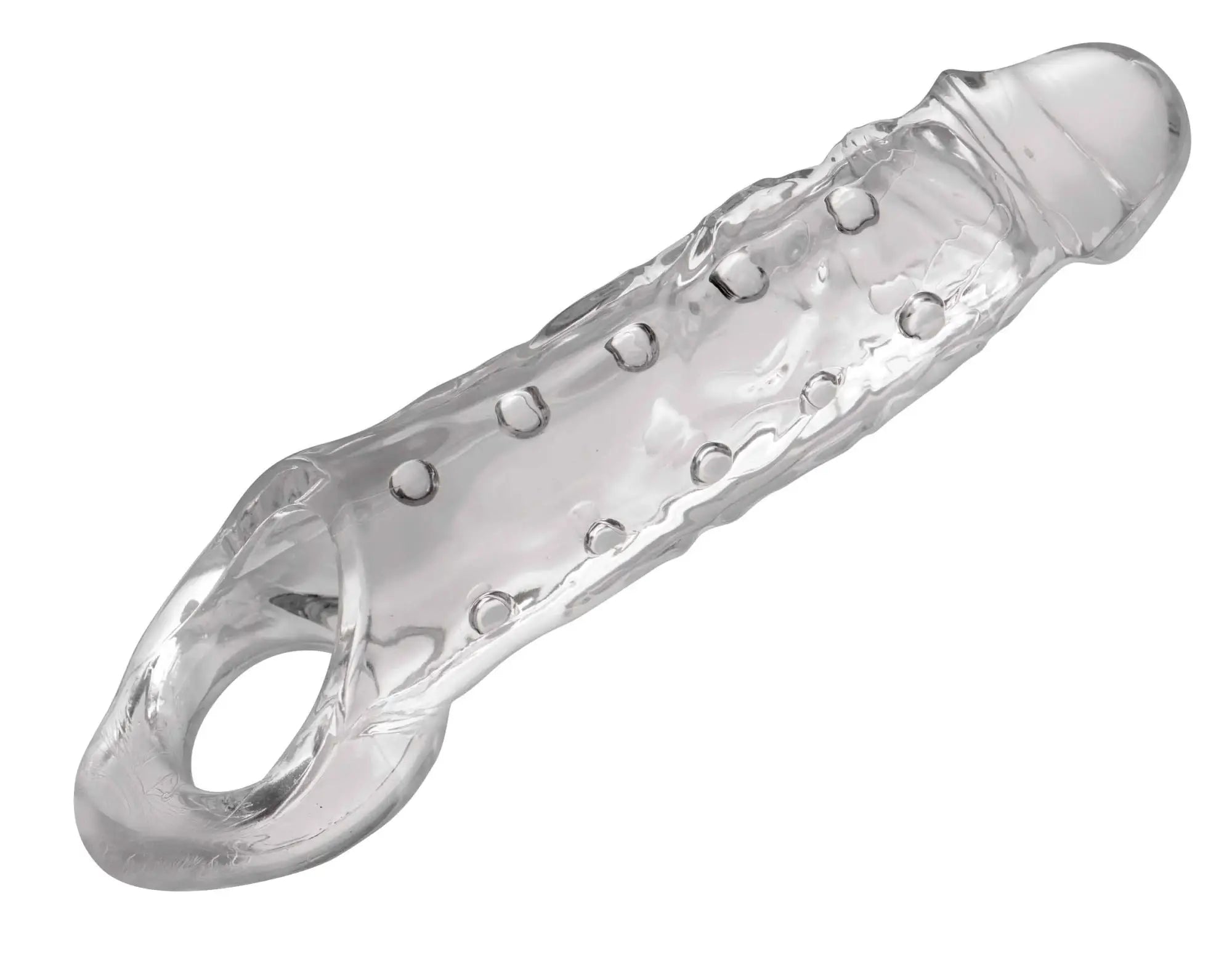 Clear silicone cock ring with textured surface and multiple circular indentations for size matters clearly ample sheath