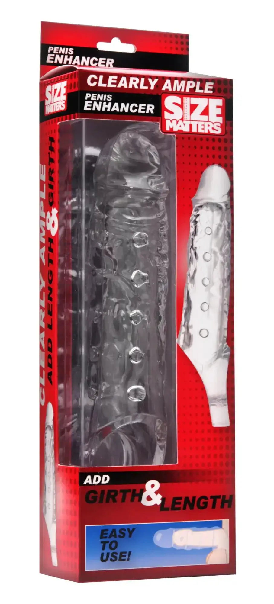 Clear transparent silicone penis enhancer sheath in red and black size matters package for added size and ample fit