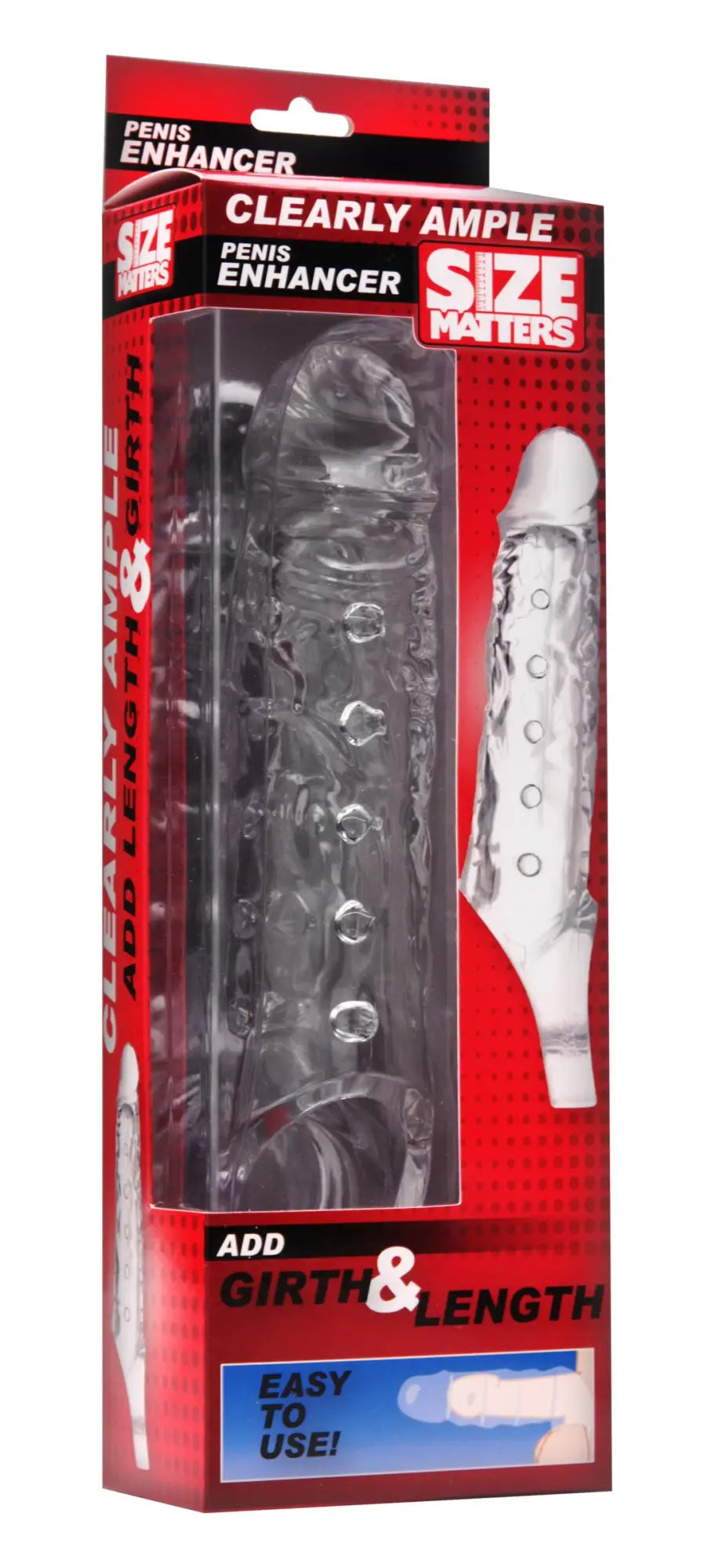 Clear transparent silicone penis enhancer sheath in red and black size matters package for added size and ample fit