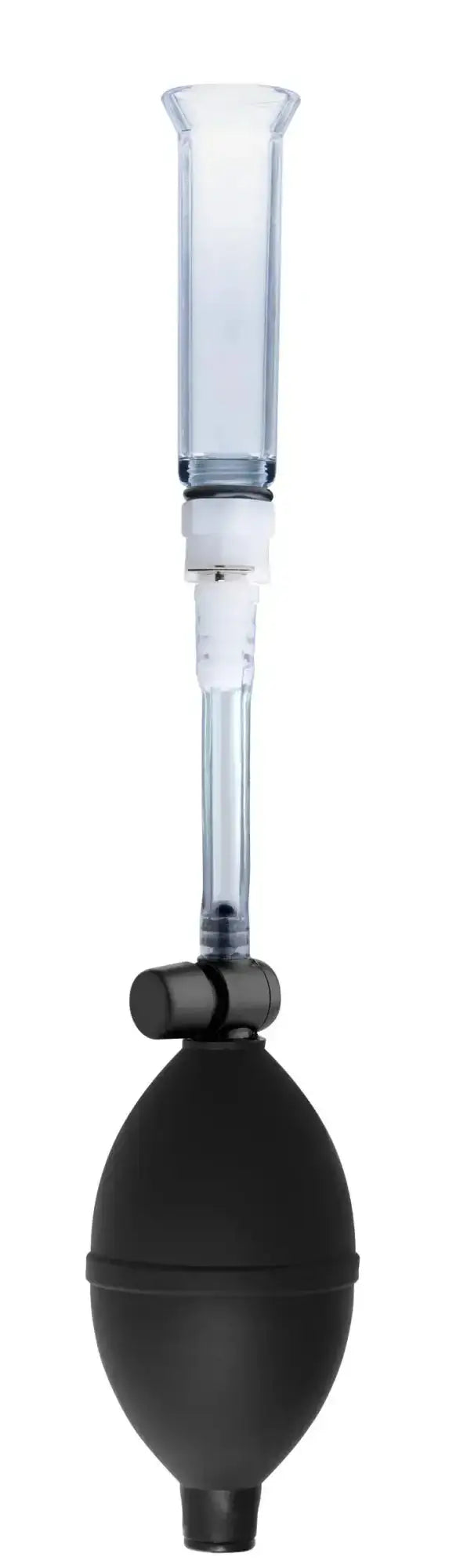 Black rubber bulb and clear glass tube with white plastic fittings in size matters clitoral pumping system