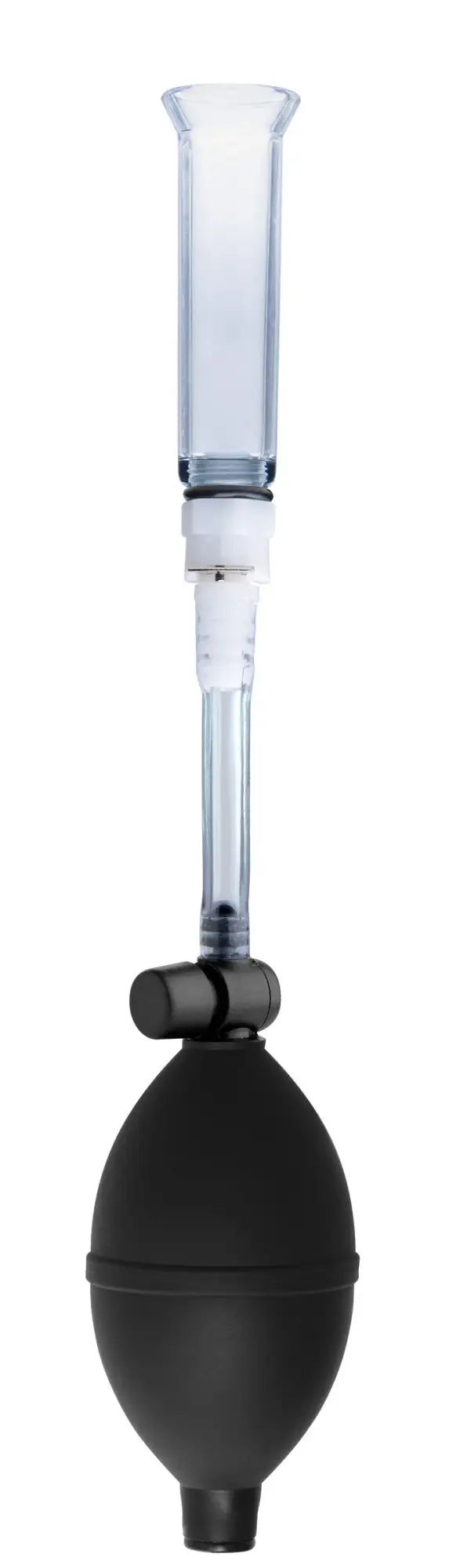 Black rubber bulb and clear glass tube with white plastic fittings in size matters clitoral pumping system