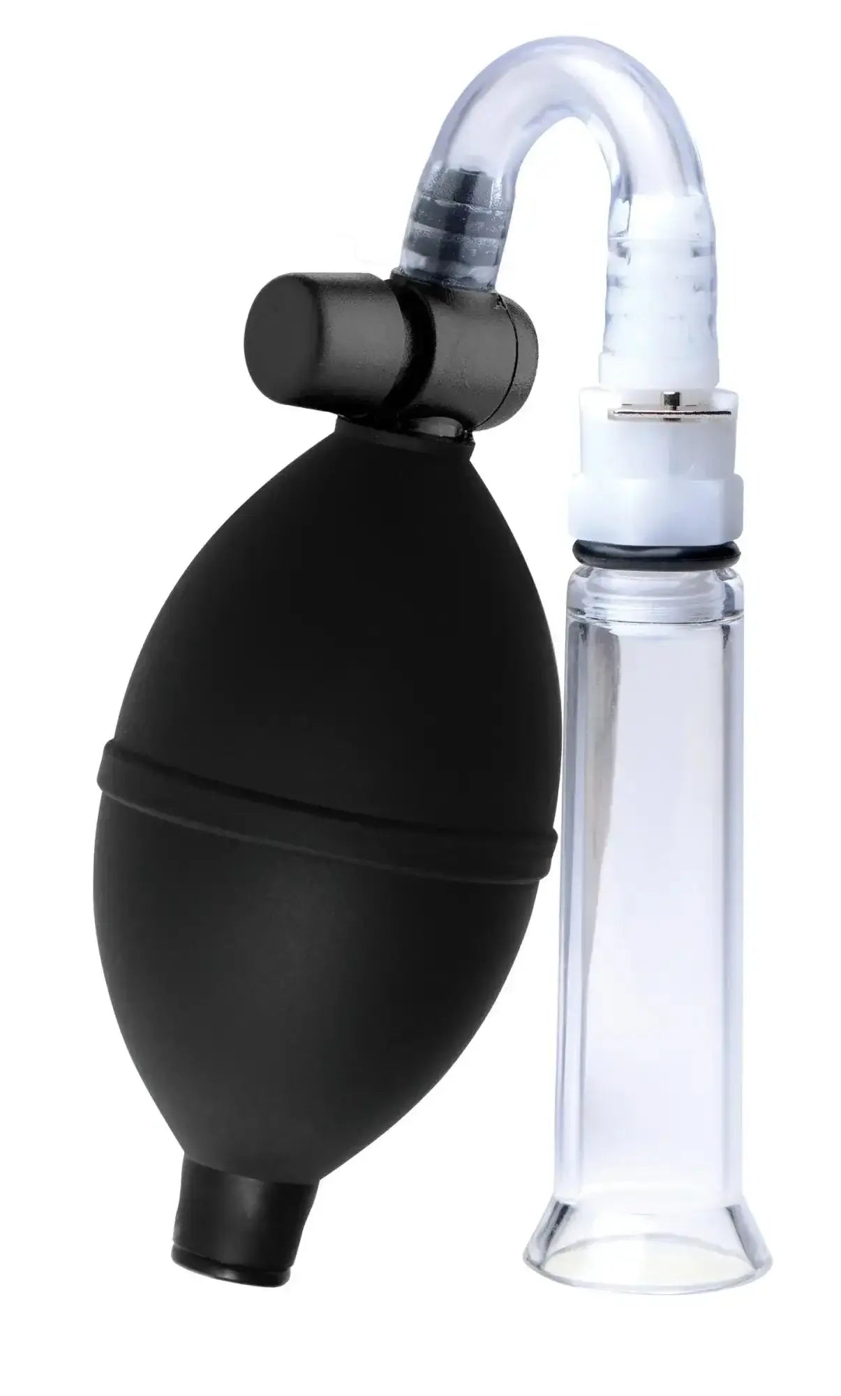 Black rubber bulb suction pump with clear plastic tube and transparent chamber for size matters clitoral pumping system