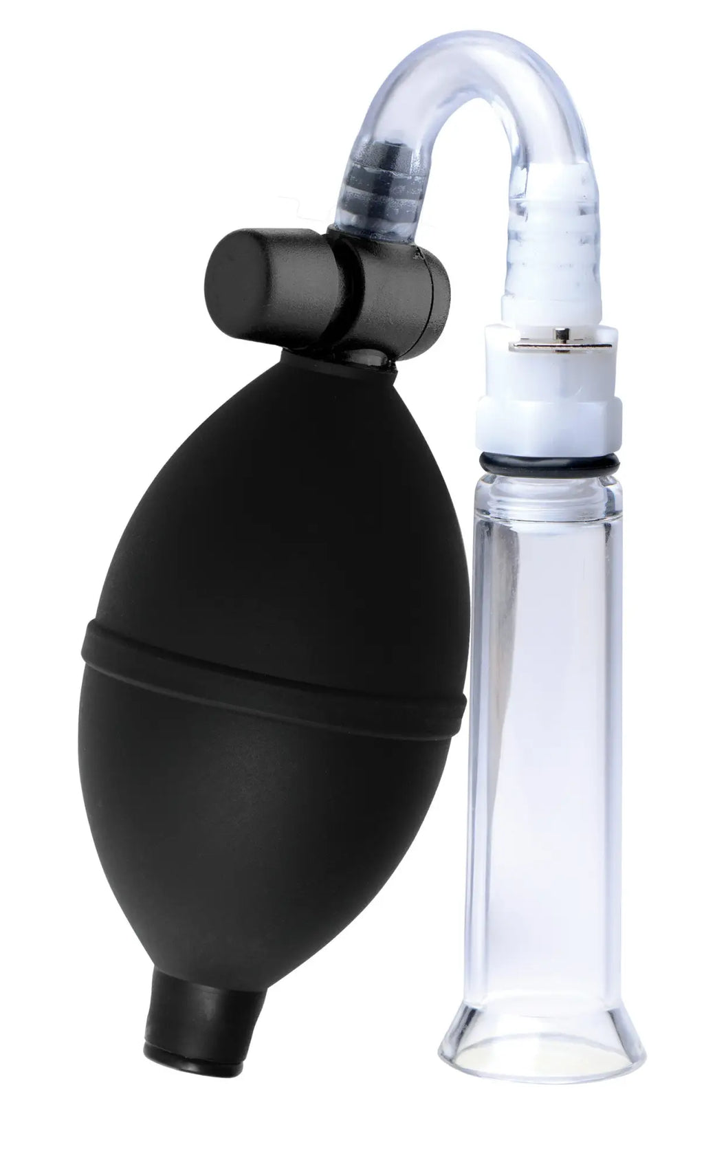 Black rubber bulb suction pump with clear plastic tube and transparent chamber for size matters clitoral pumping system