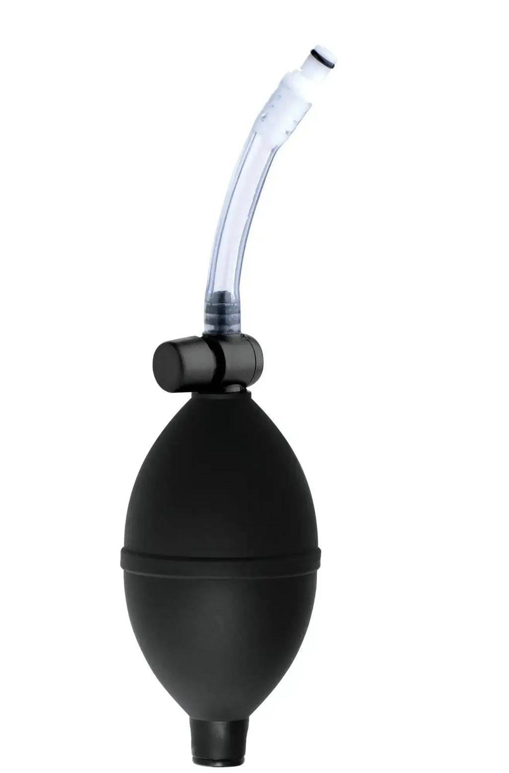 Black rubber suction bulb with clear plastic tube and black cap for size matters clitoral pumping system