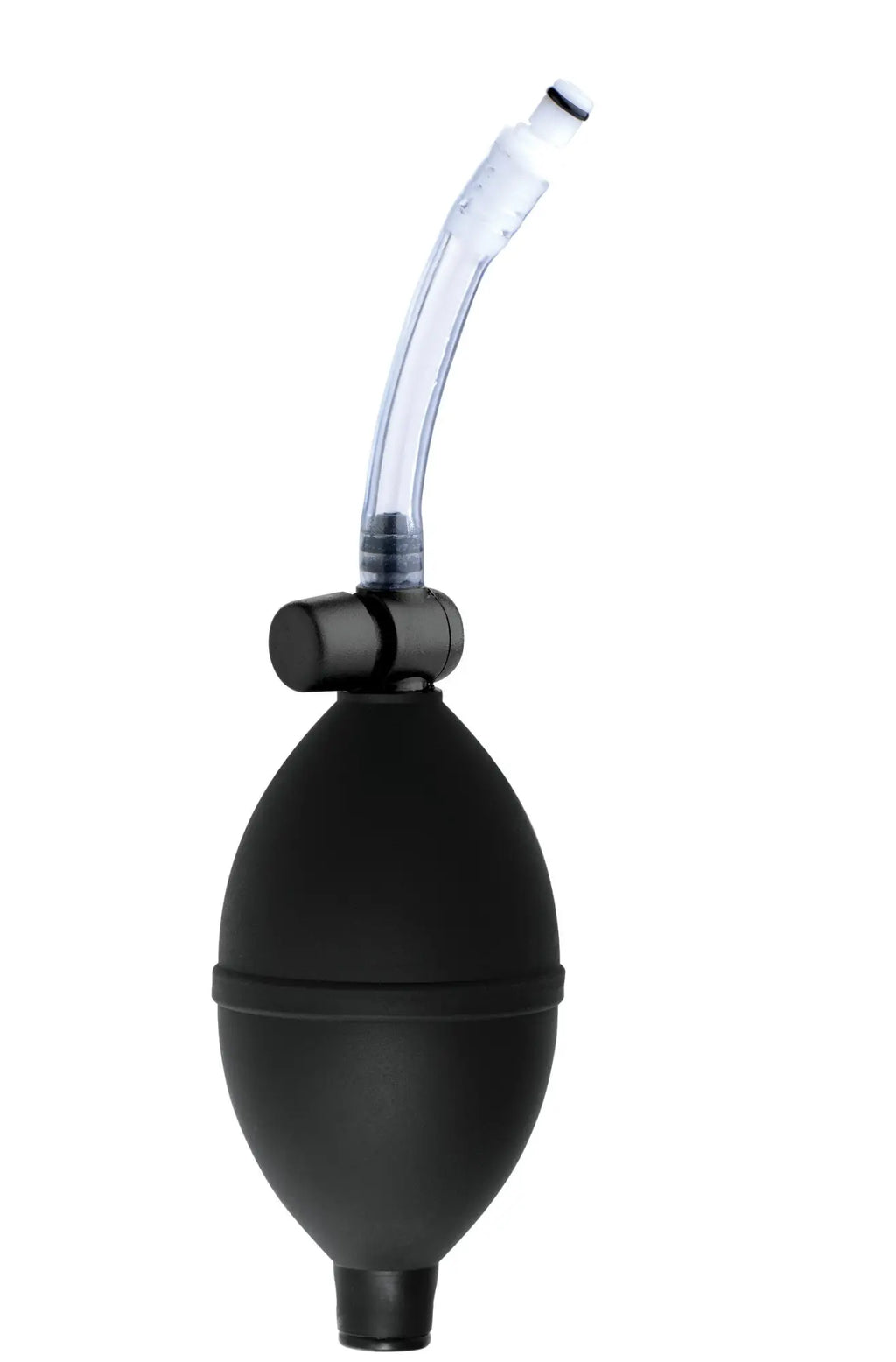 Black rubber suction bulb with clear plastic tube and black cap for size matters clitoral pumping system