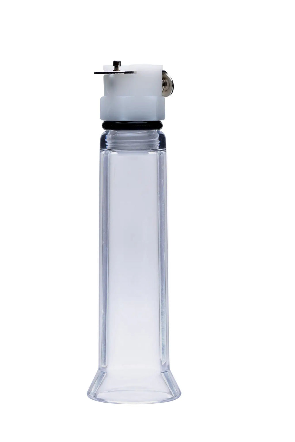 Clear acrylic toothpaste dispenser with white plastic cap and black rubber seal for size matters clitoral pumping system