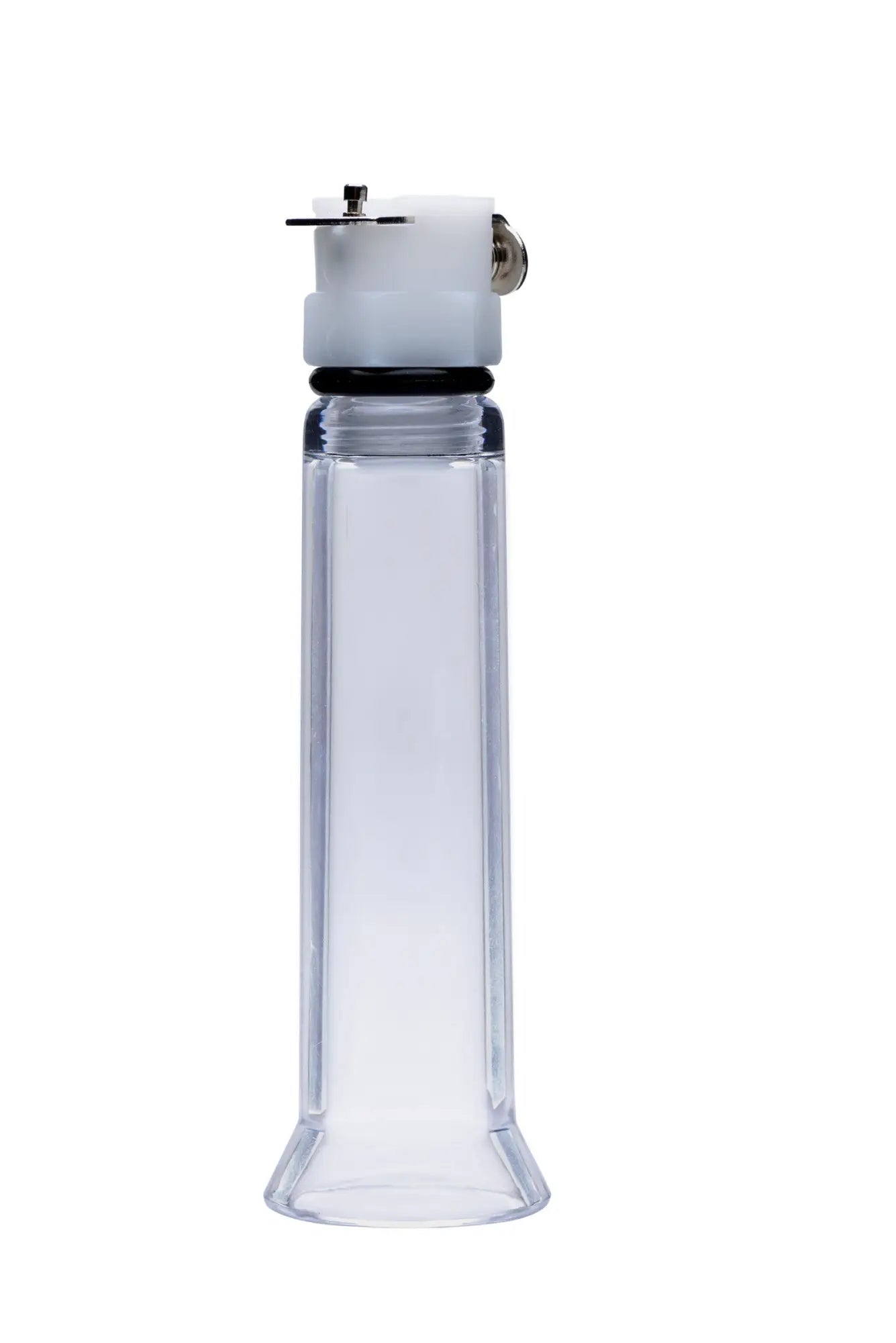 Clear acrylic toothpaste dispenser with white plastic cap and black rubber seal for size matters clitoral pumping system