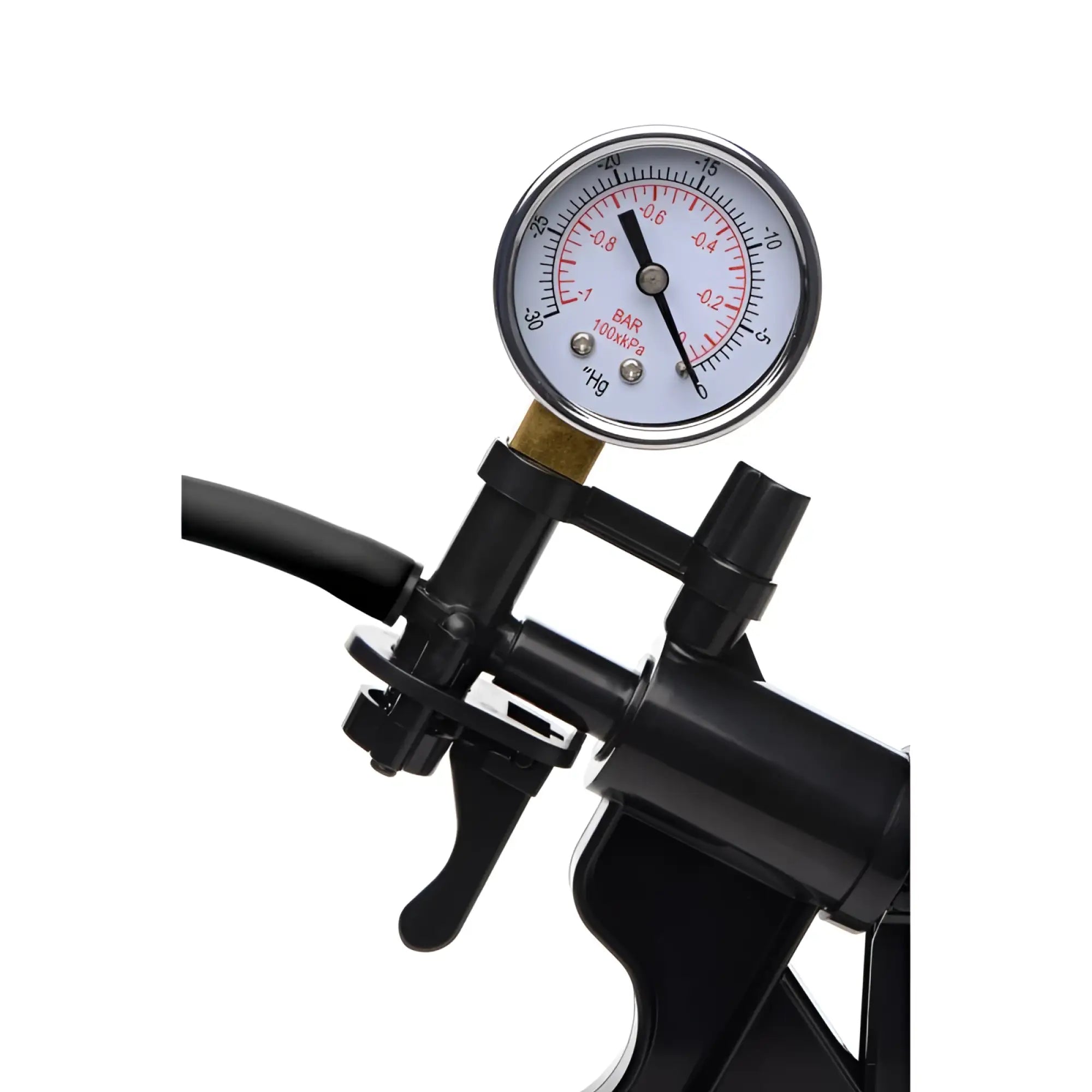 Black bicycle pump with circular pressure gauge and metallic rim in size matters clitoral pumping system clear product