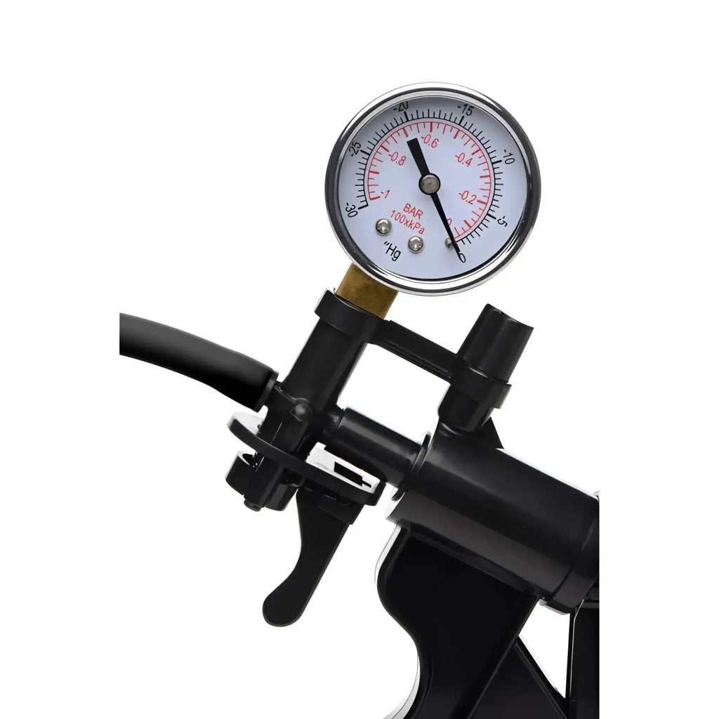 Black bicycle pump with circular pressure gauge and metallic rim in size matters clitoral pumping system clear product