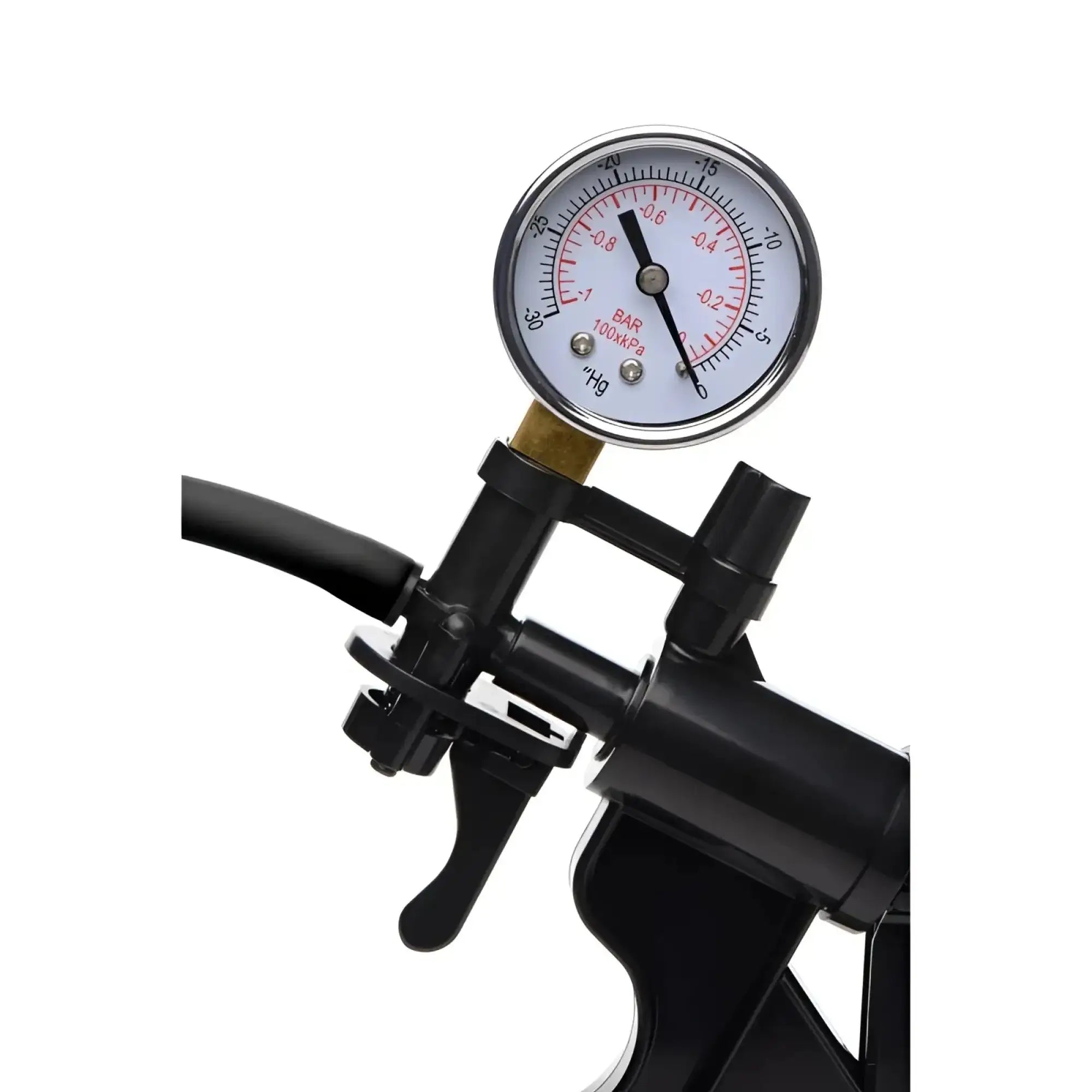 Black bicycle pump with circular pressure gauge and metallic rim in size matters clitoral pumping system clear product