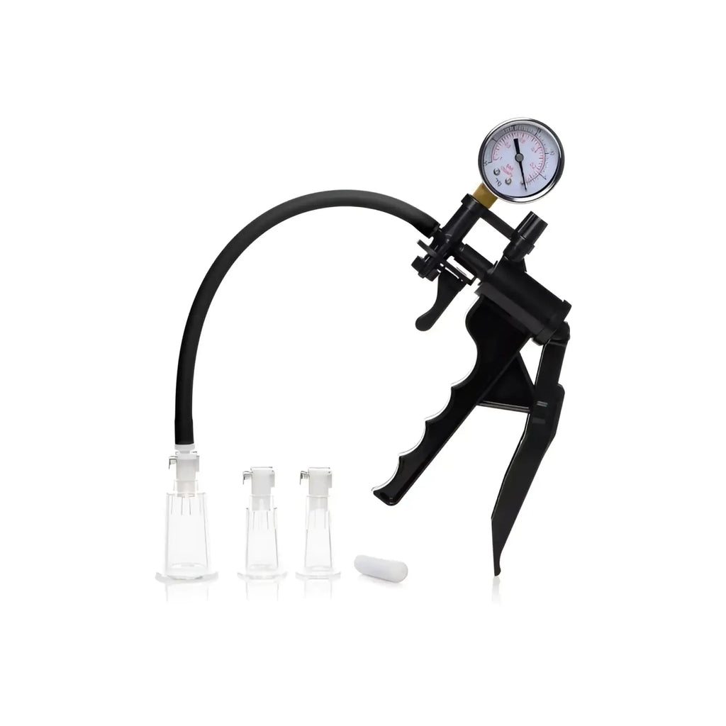 Size matters clitoral pumping system clear with black plastic suction pump pressure gauge and three clear silicone cups