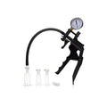 Size matters clitoral pumping system clear with black plastic suction pump pressure gauge and three clear silicone cups