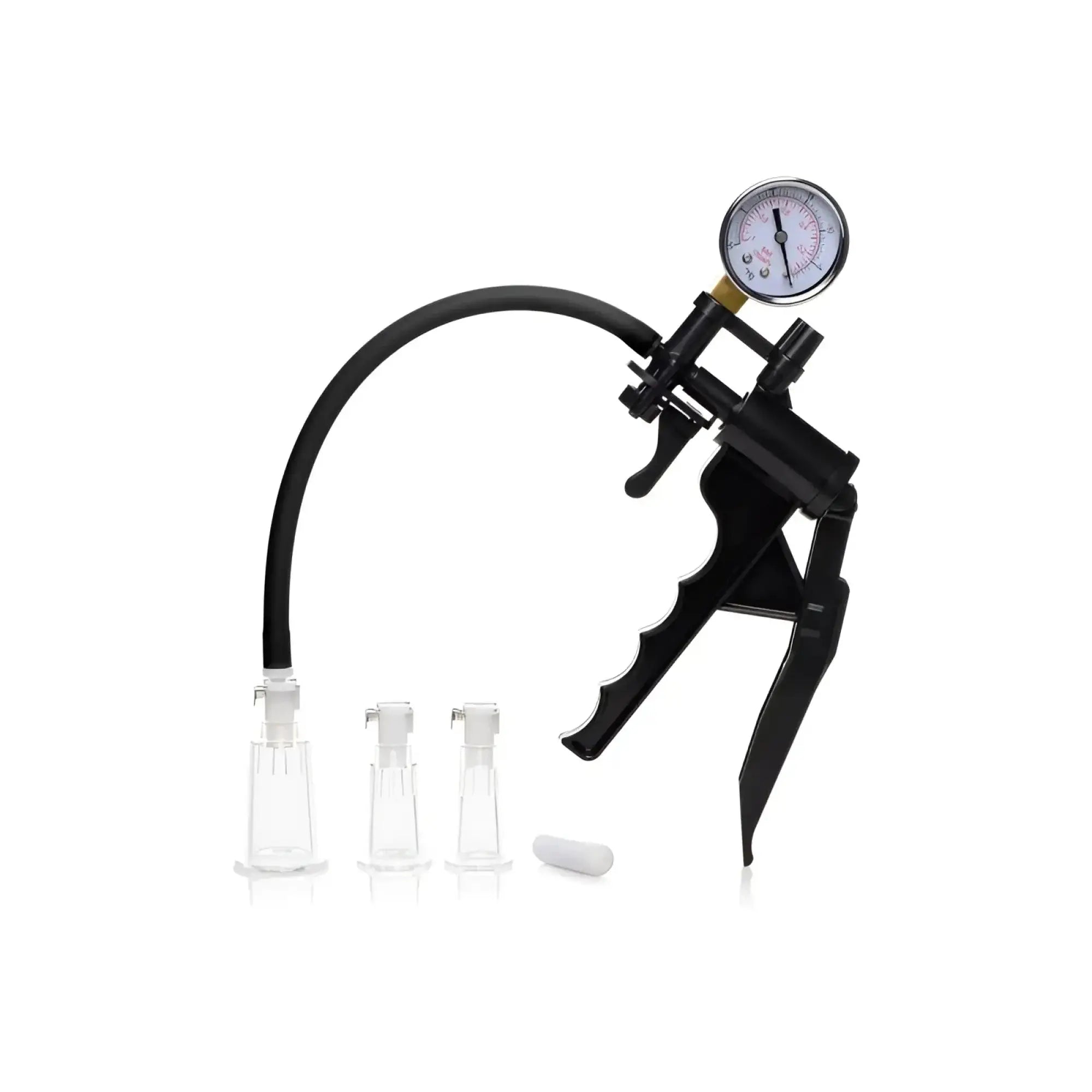 Size matters clitoral pumping system clear with black plastic suction pump pressure gauge and three clear silicone cups