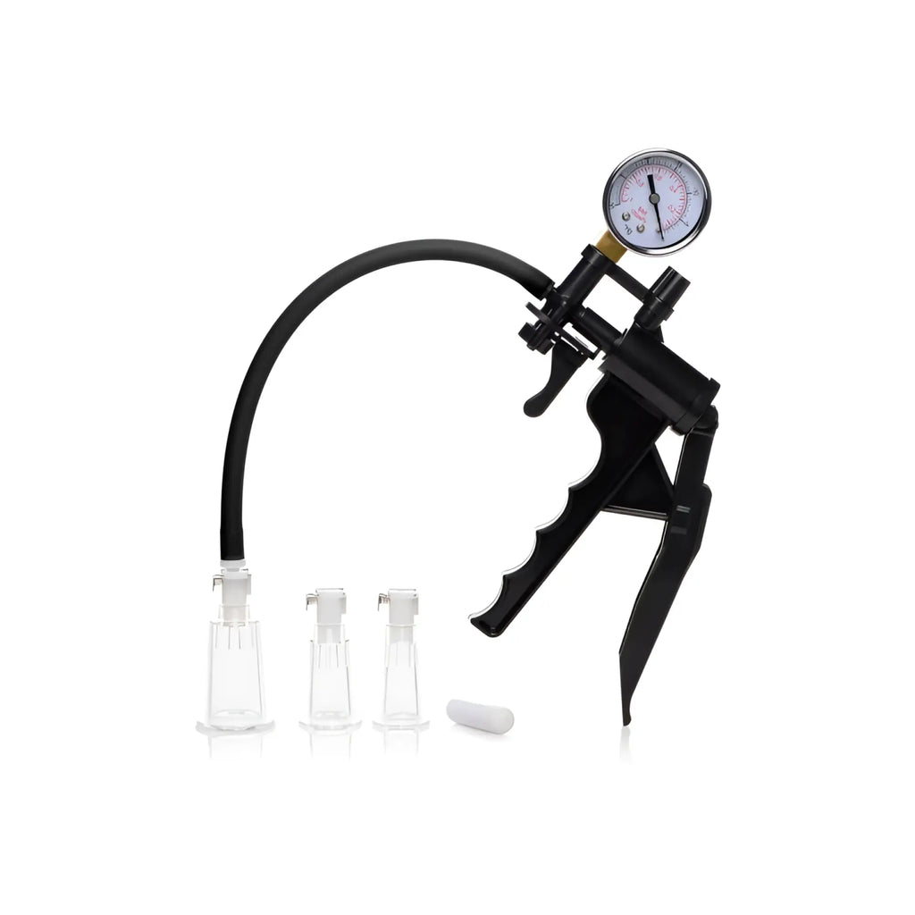 Size matters clitoral pumping system clear with black plastic suction pump pressure gauge and three clear silicone cups