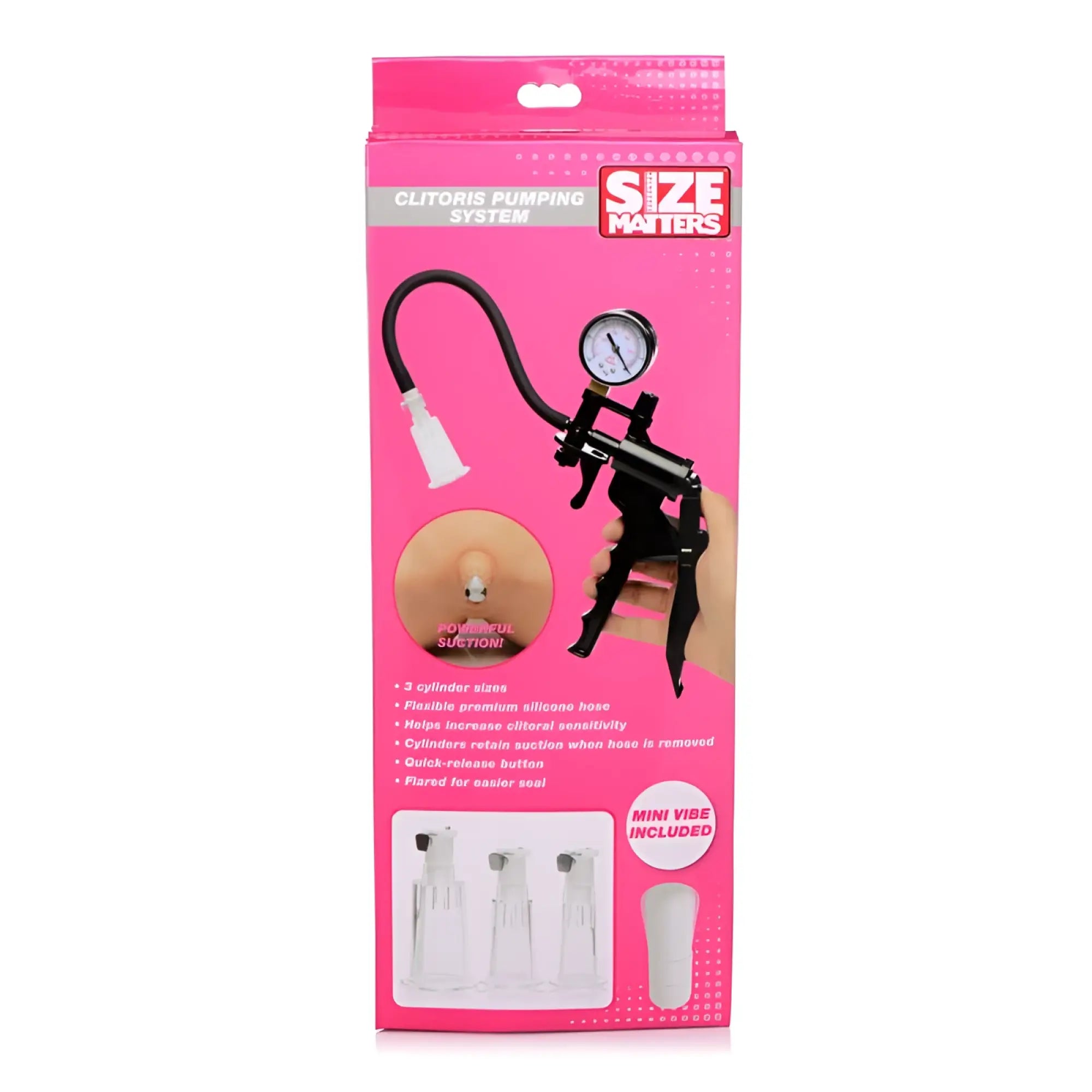 Pink packaged size matters clitoral pumping system clear with black handle pressure gauge and clear silicone cylinders