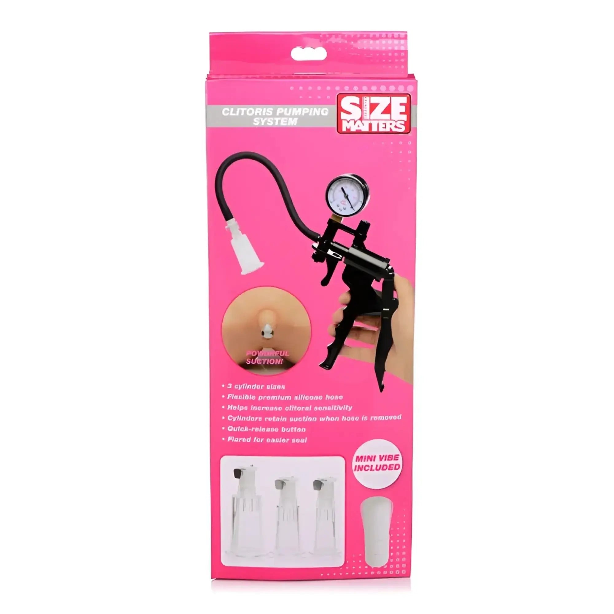 Pink packaged size matters clitoral pumping system clear with black handle pressure gauge and clear silicone cylinders