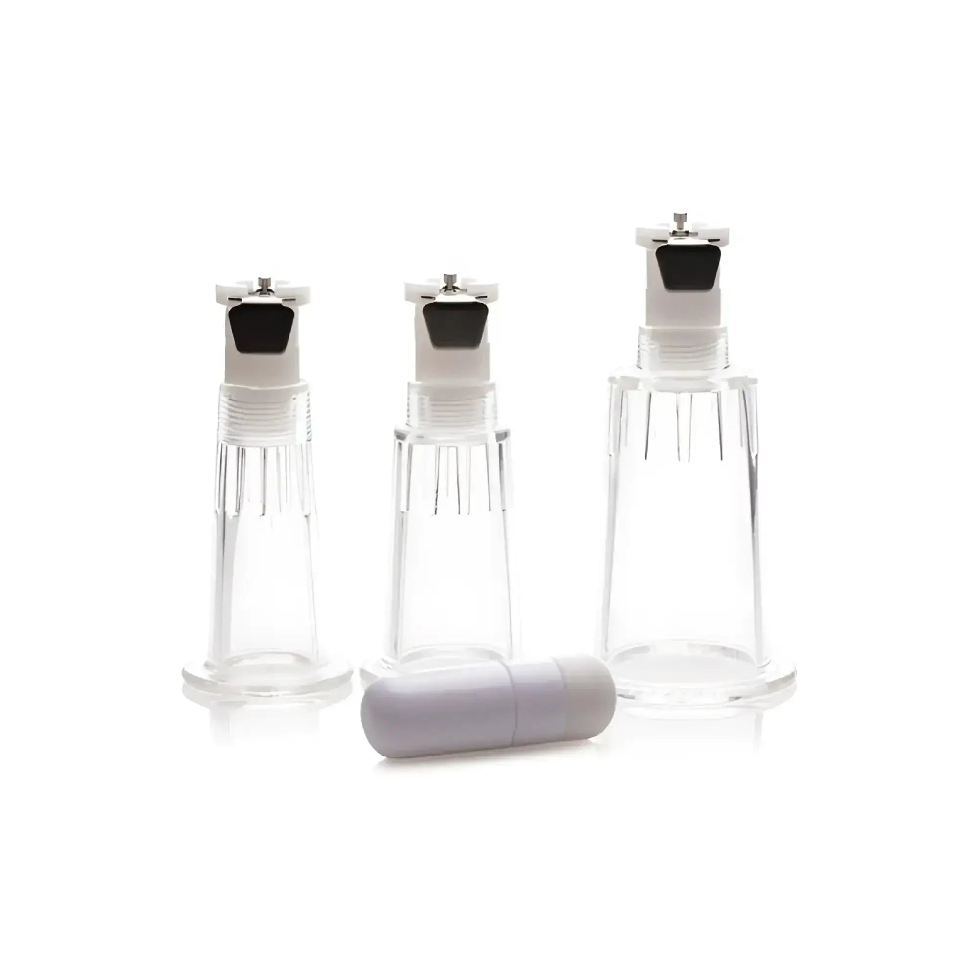 Clear plastic suction cups with white caps and black rubber seals with lavender cylindrical cap