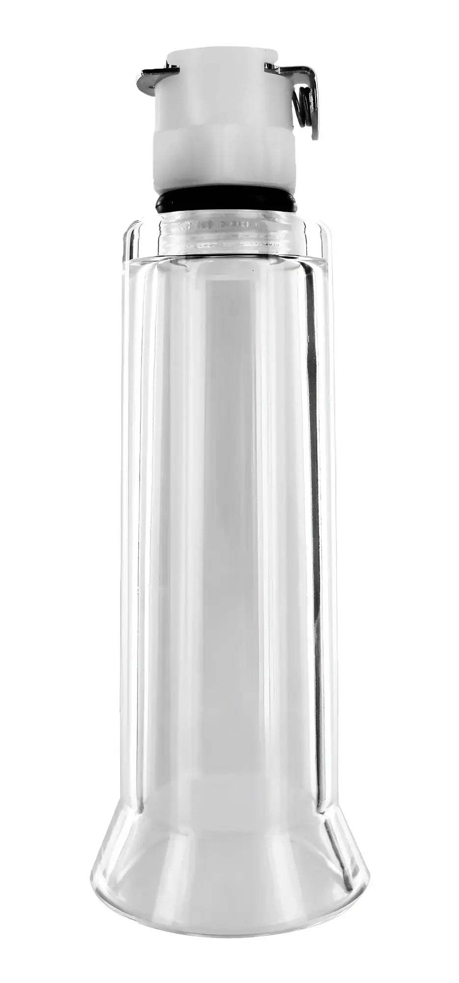 Clear plastic Size Matters clitoris pumping cylinder with white cap and black rubber seal for suction use