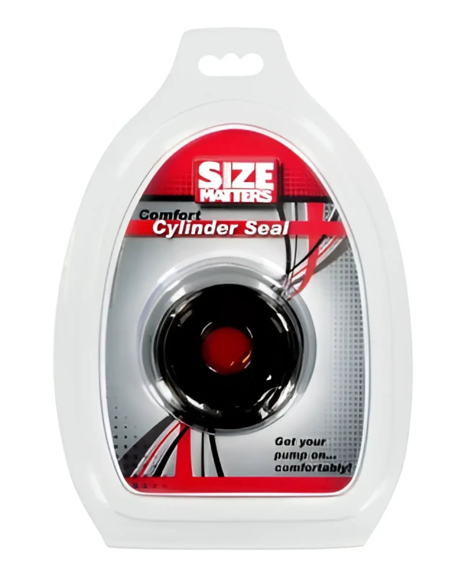 Black and red size matters cylinder comfort seal with a sleek circular design in branded packaging