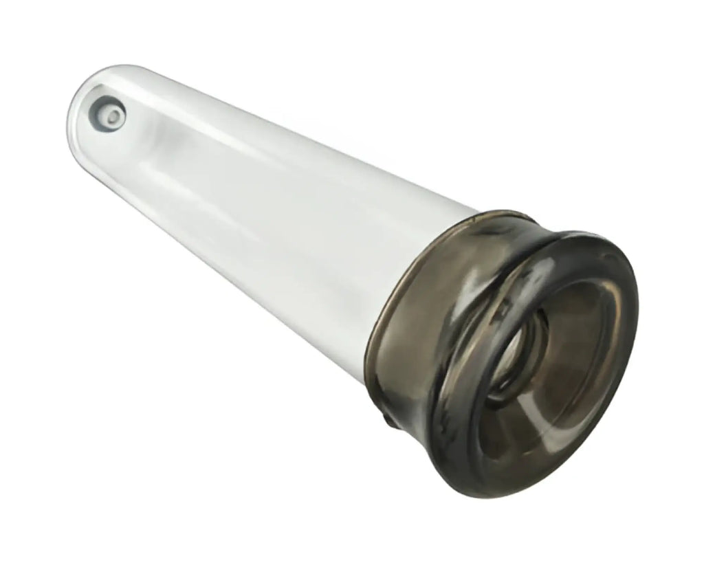 Clear glass tube with dark brown textured cap and small metallic screw side for size matters cylinder comfort seal
