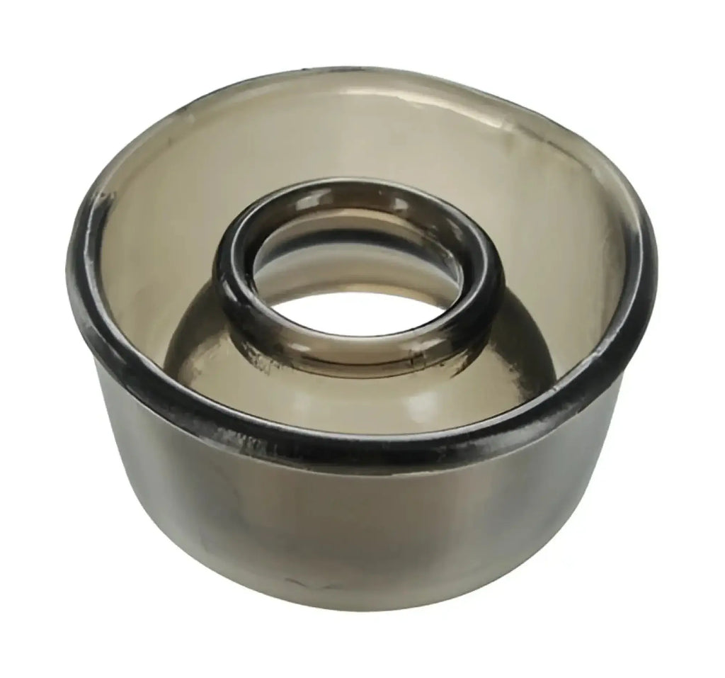A sleek translucent gray glass size matters cylinder comfort seal ring with a smooth interior and inner metallic band