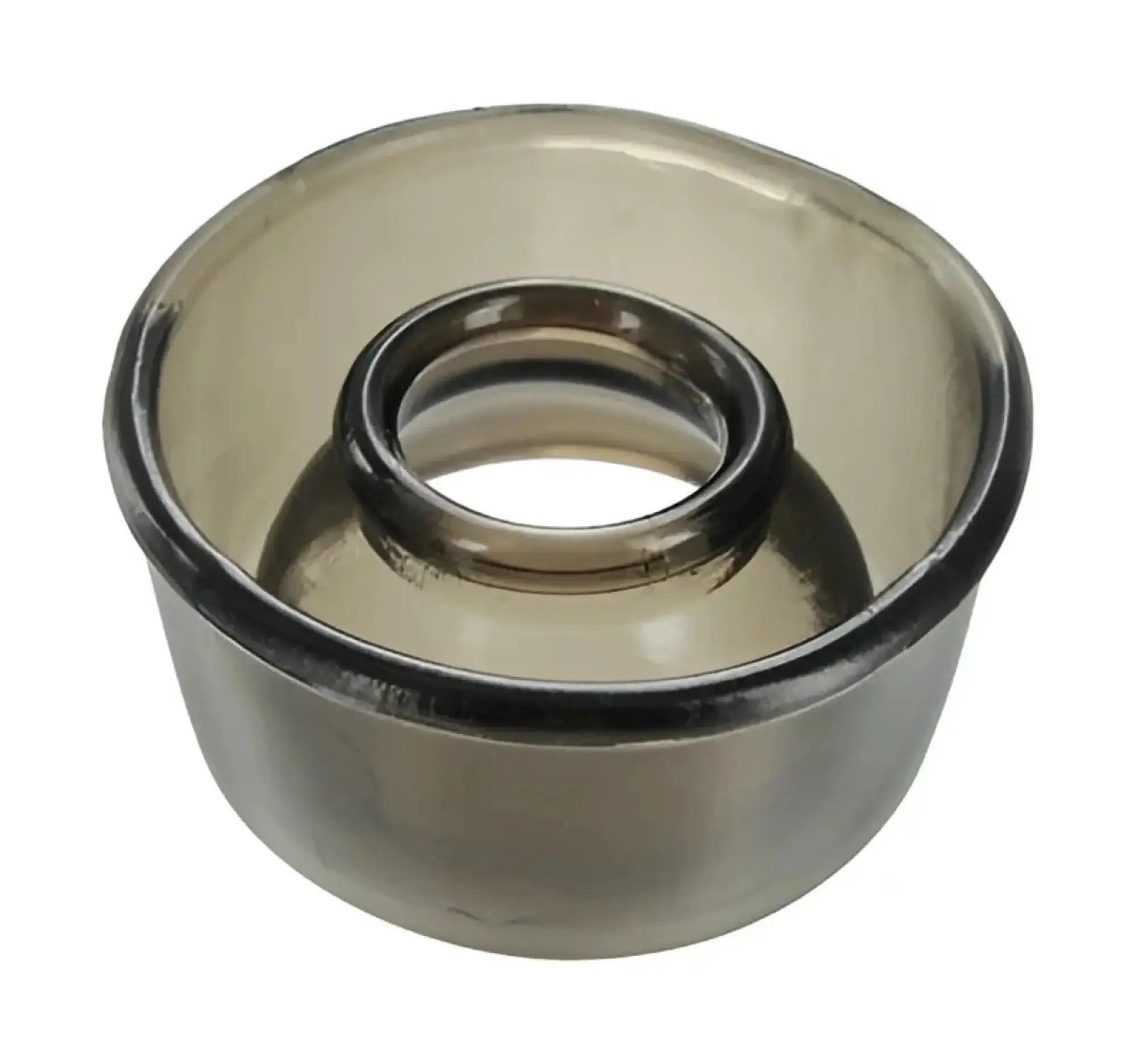 A sleek translucent gray glass size matters cylinder comfort seal ring with a smooth interior and inner metallic band