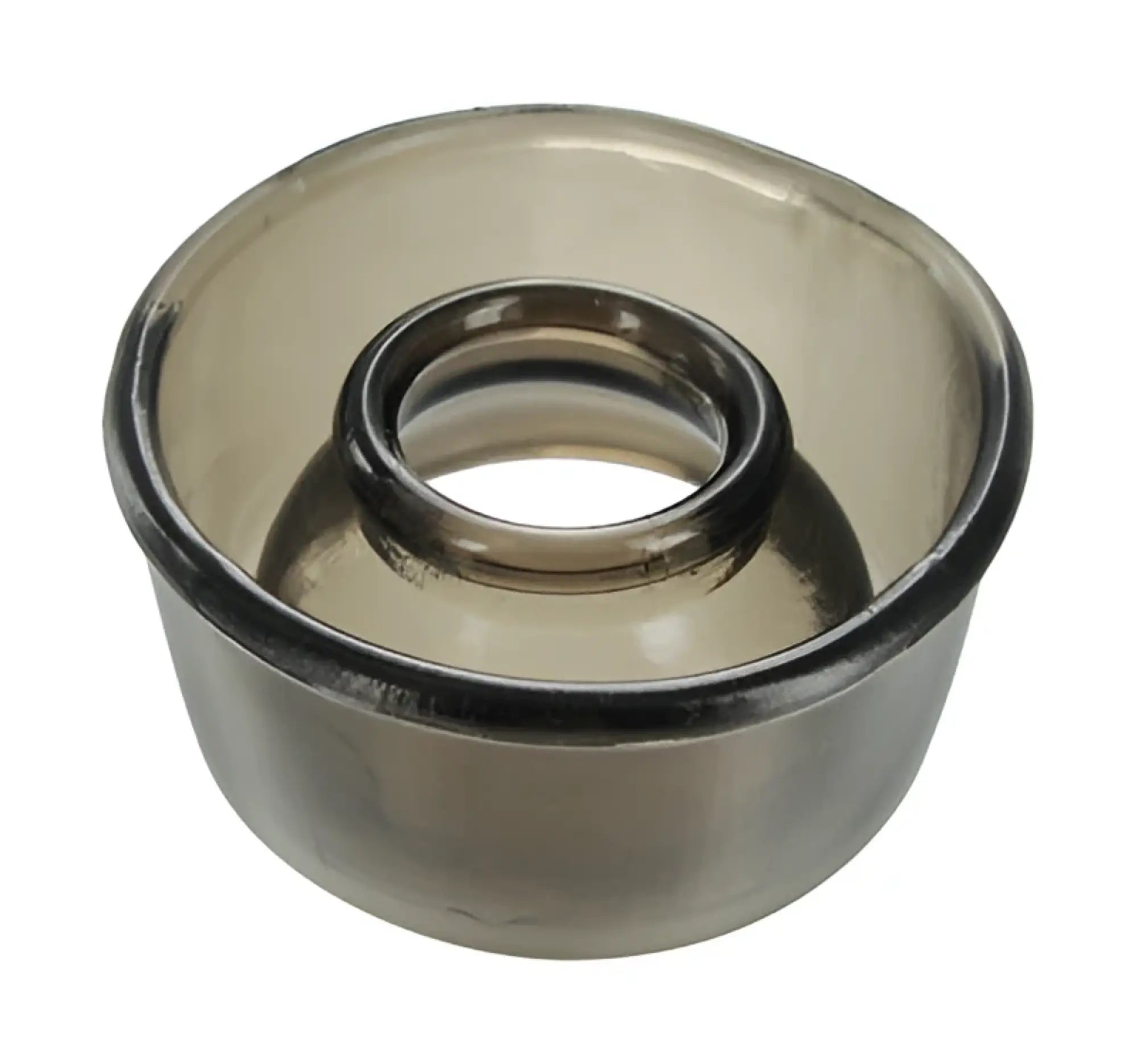 A sleek translucent gray glass size matters cylinder comfort seal ring with a smooth interior and inner metallic band