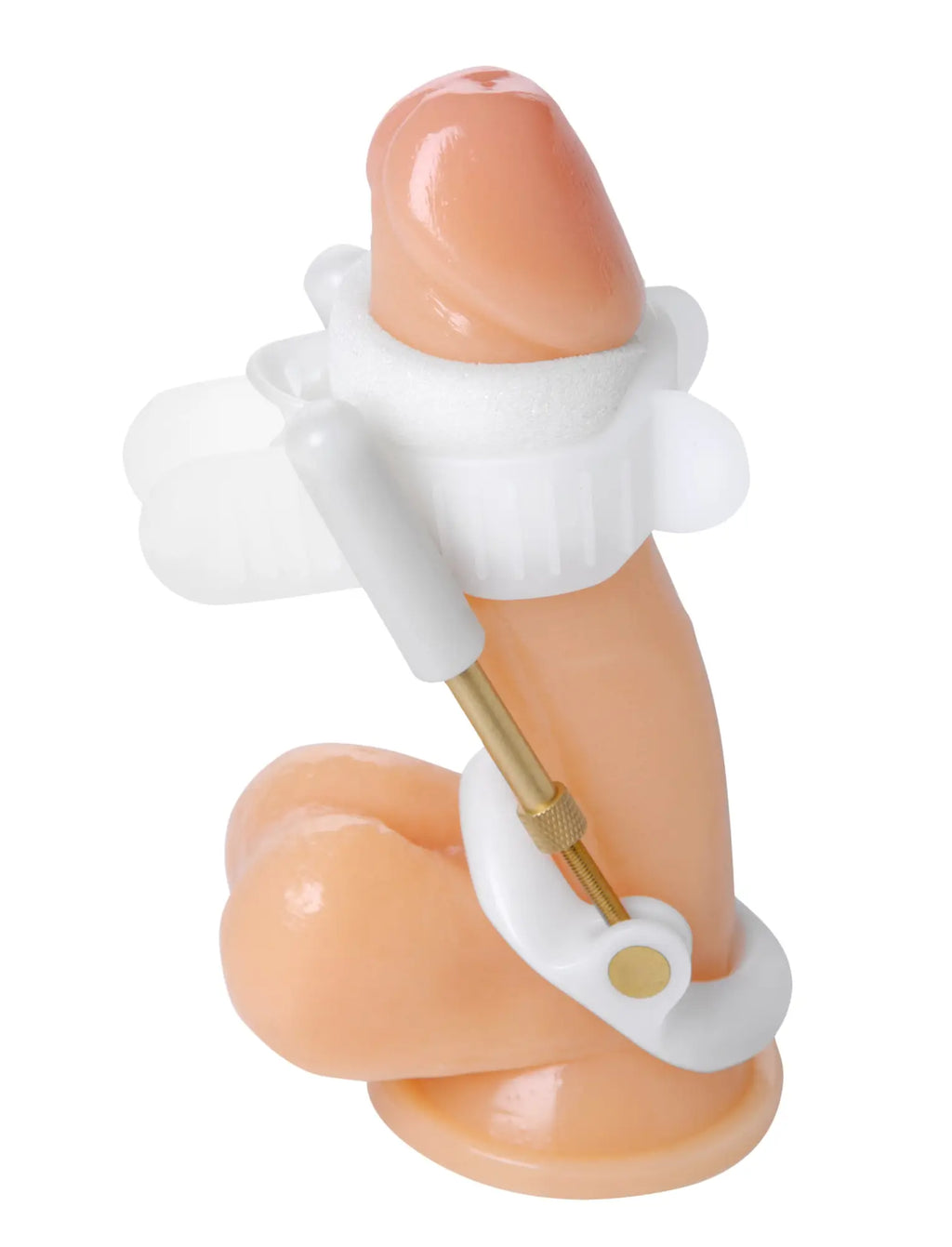 A peach-colored silicone deluxe penile aide with a white plastic ring and gold-toned metal rod base for size enhancement