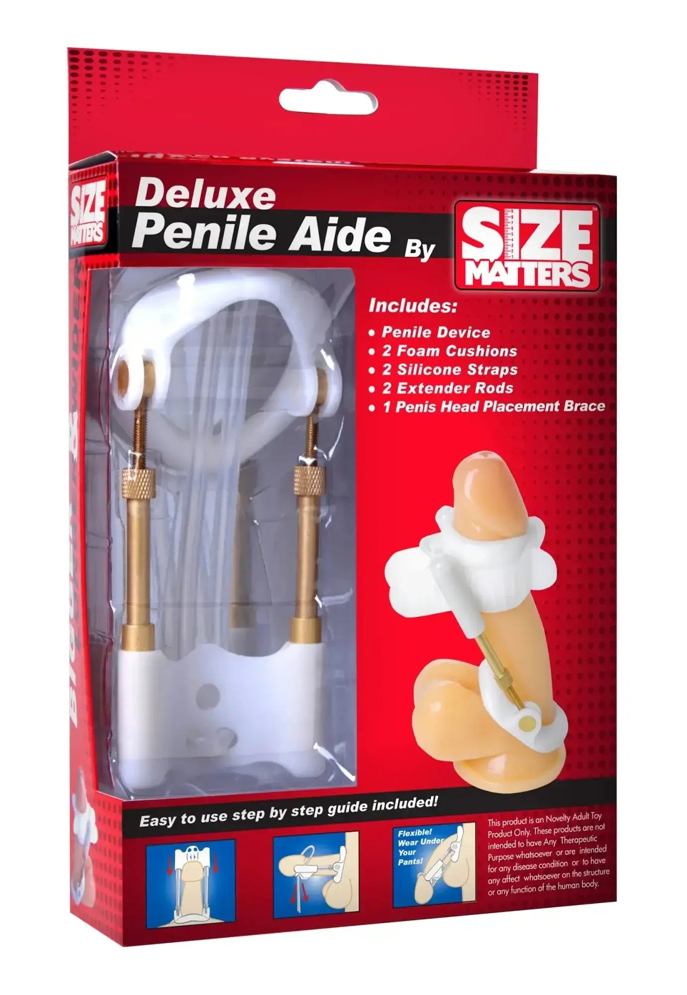 Size Matters deluxe penile aide made of white plastic and gold-colored metal for enhanced support and comfort