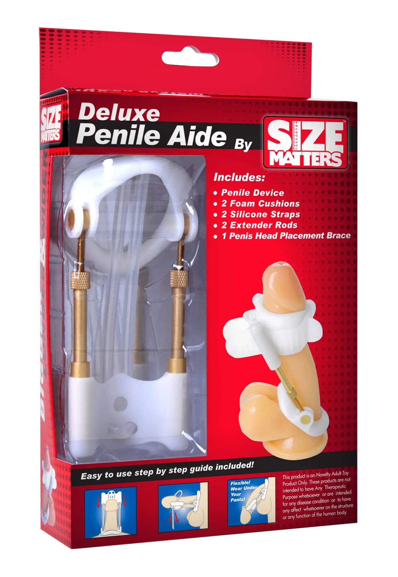 Size Matters deluxe penile aide made of white plastic and gold-colored metal for enhanced support and comfort