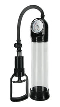 Black plastic size matters deluxe trigger penis pump with transparent chamber and pressure gauge for vacuum therapy