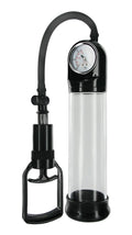 Black plastic size matters deluxe trigger penis pump with transparent chamber and pressure gauge for vacuum therapy