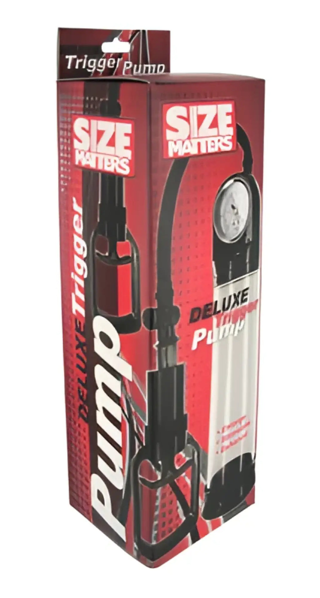Red and black box packaging for size matters deluxe trigger penis pump featuring an ergonomic trigger pump design