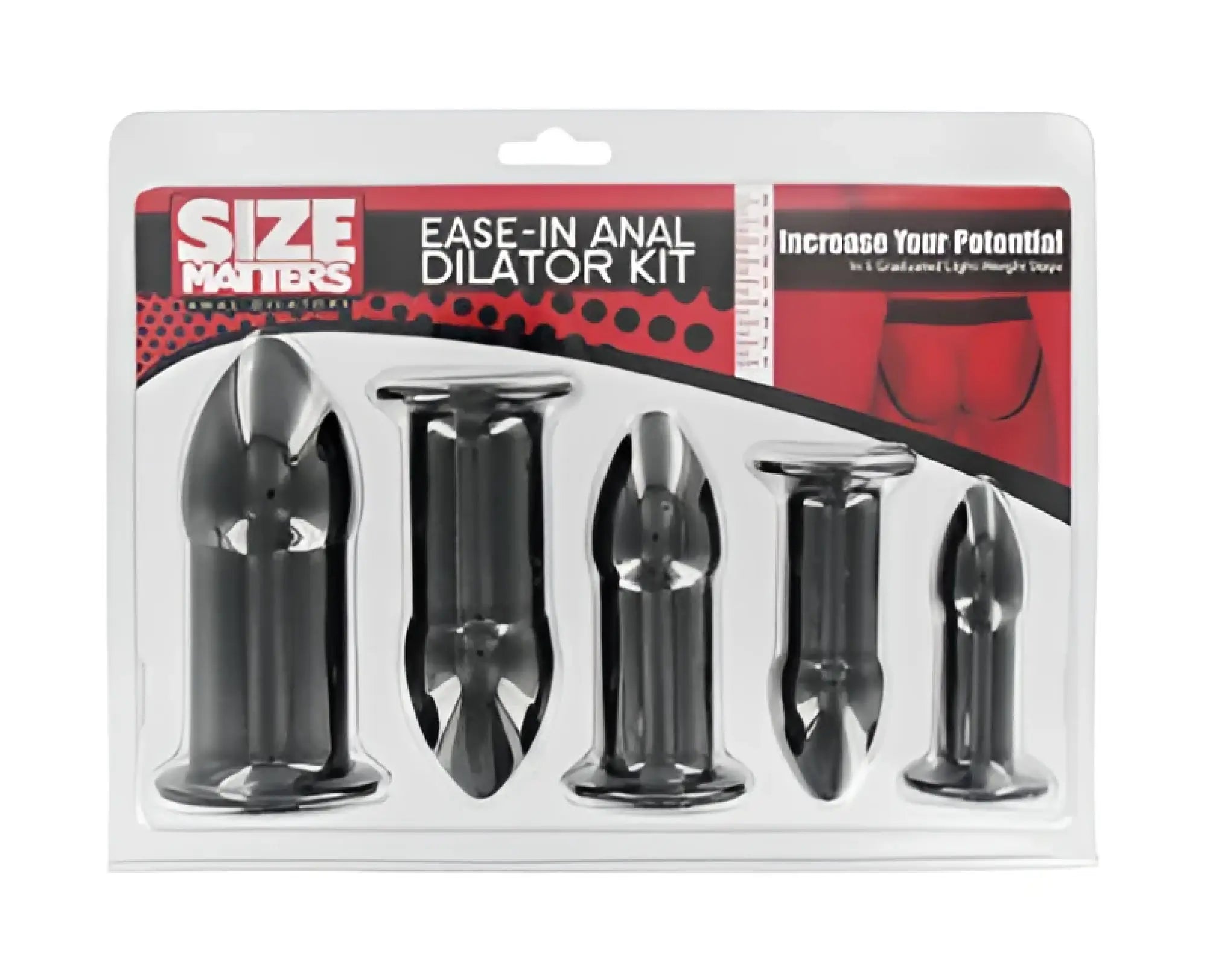 Black plastic anal dilator kit in clear blister pack with red and white size matters ease-in branding