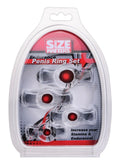 Clear plastic endurance penis ring set with red spherical centers in white and red size matters branded blister pack