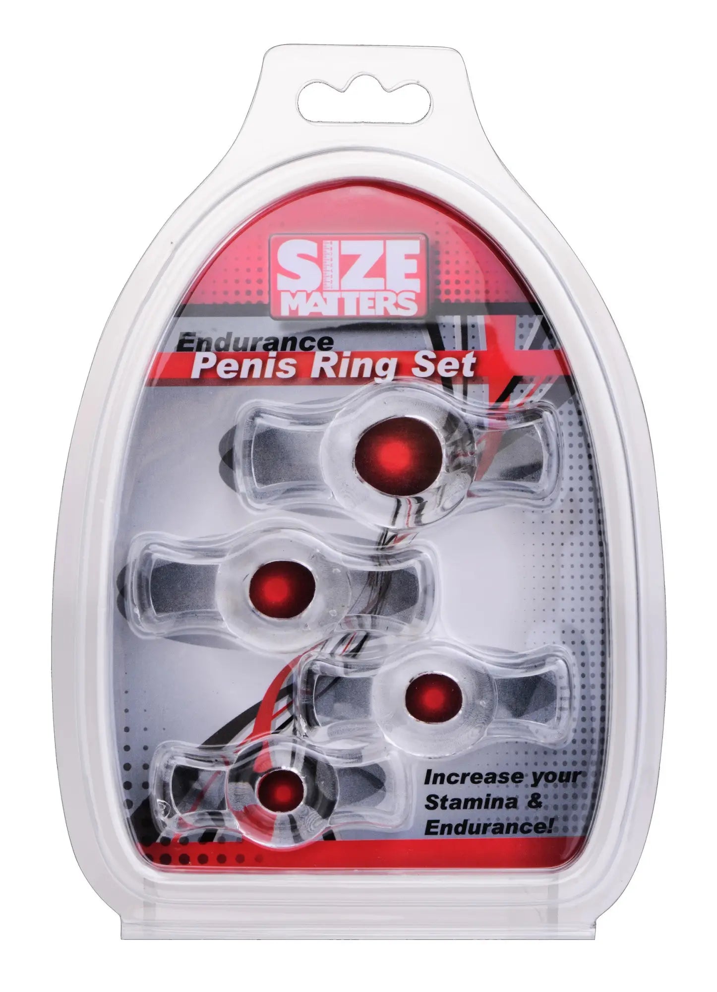 Clear plastic endurance penis ring set with red spherical centers in white and red size matters branded blister pack