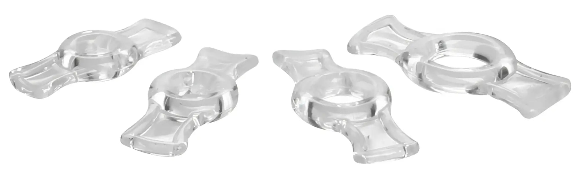 Clear plastic bottle caps with central ring and flared sides in size matters endurance clear 4 ring penis set